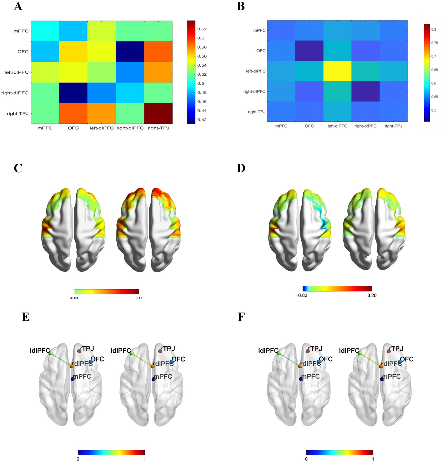 Diagram showing six panels labeled A to F. Panels A and B are heat maps with color scales indicating data ranges related to different brain regions like mPFC, OFC, and TPJ. Panels C and D display brain models with color gradients, highlighting activity differences. Panels E and F feature brain models with labeled regions, showing connections and activities with a color spectrum from blue to red.