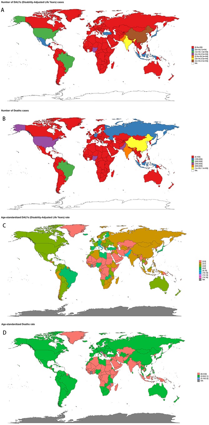 Four world maps depicting the geographic distribution of NPNTs burden in 2021. Panels display: numbers of DALYs, numbers of deaths, ASRs of DALYs, and ASRs of deaths. Color gradients indicate magnitude or rate, highlighting regional contrasts between high- and low-burden areas. The pair of count maps emphasizes absolute case load, while the pair of ASR maps shows population-standardized risk, enabling interpretation of both scale and underlying risk across continents and countries.