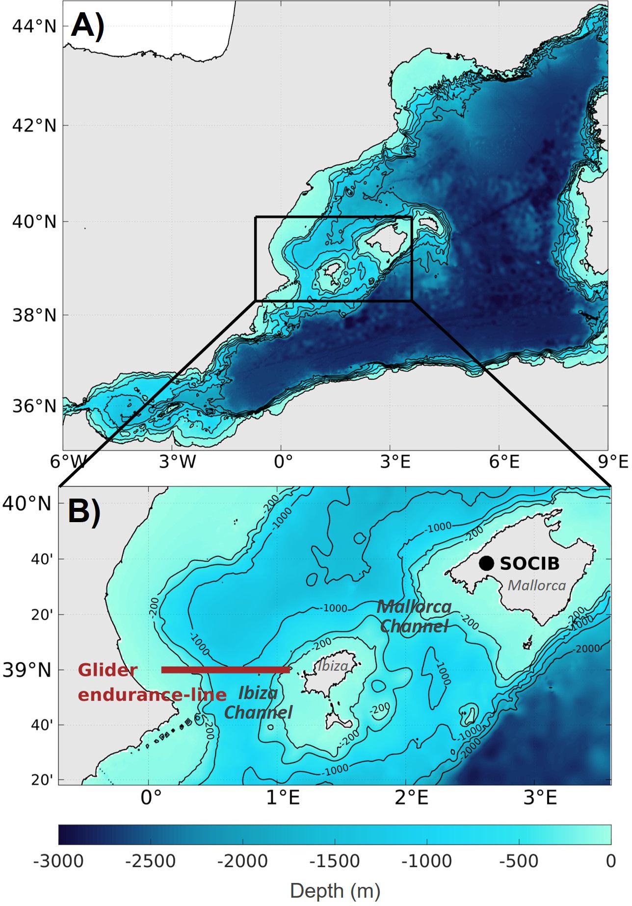 Bathymetry in the western Mediterranean Sea generated using data from Smith and Sandwell (1997) (A). Zoom in the Balearic Channels with SOCIBlocation and glider endurance line in the IC (B).
