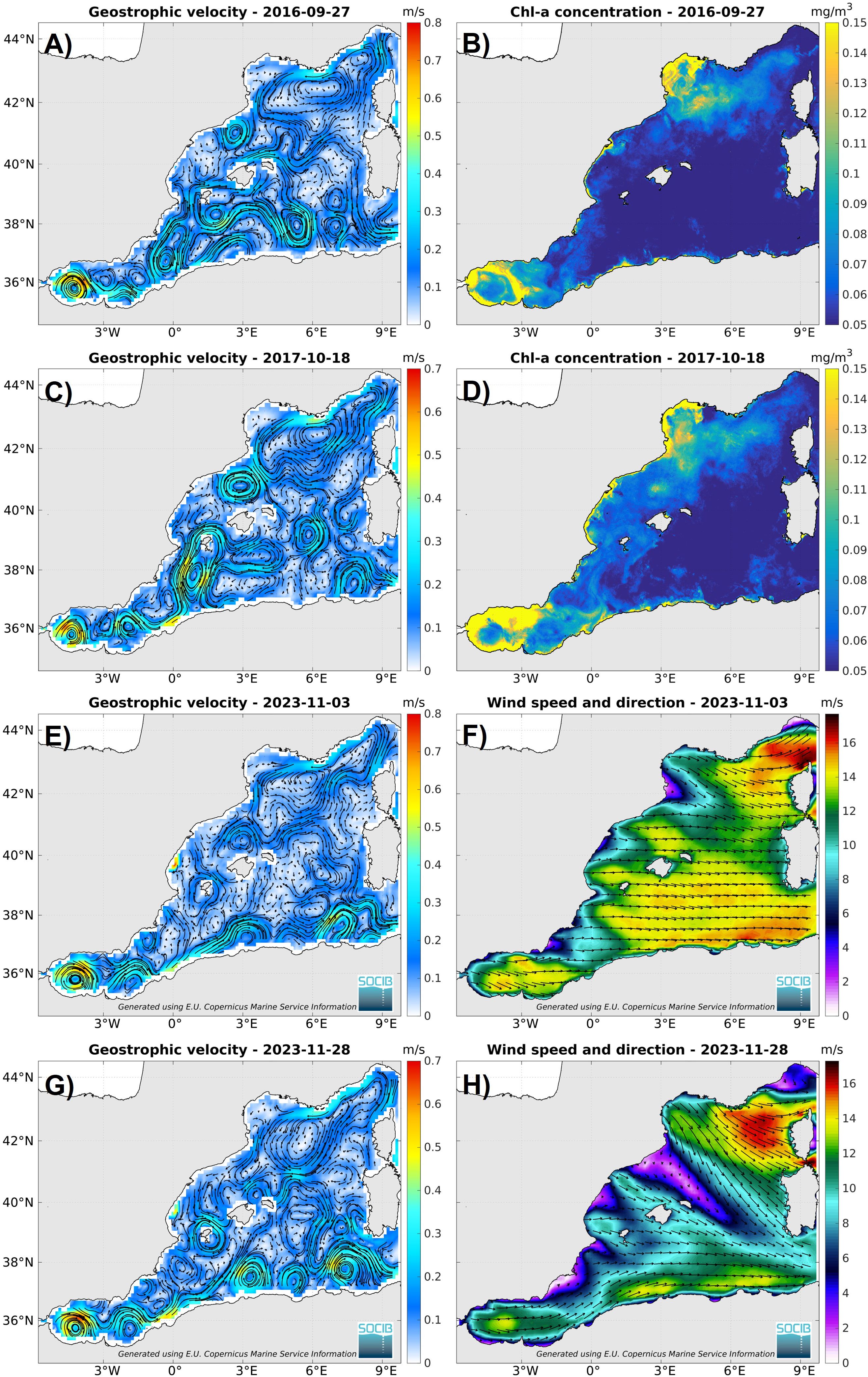 Maps of GV in the western Mediterranean Sea on 27 September 2016 (A), 18 October 2017 (C), 03 and 28 November 2023 (E, G). Associated maps of chlorophyll-a concentration for the two first dates (B, D) and of wind speed and direction for the two latter (F, H).
