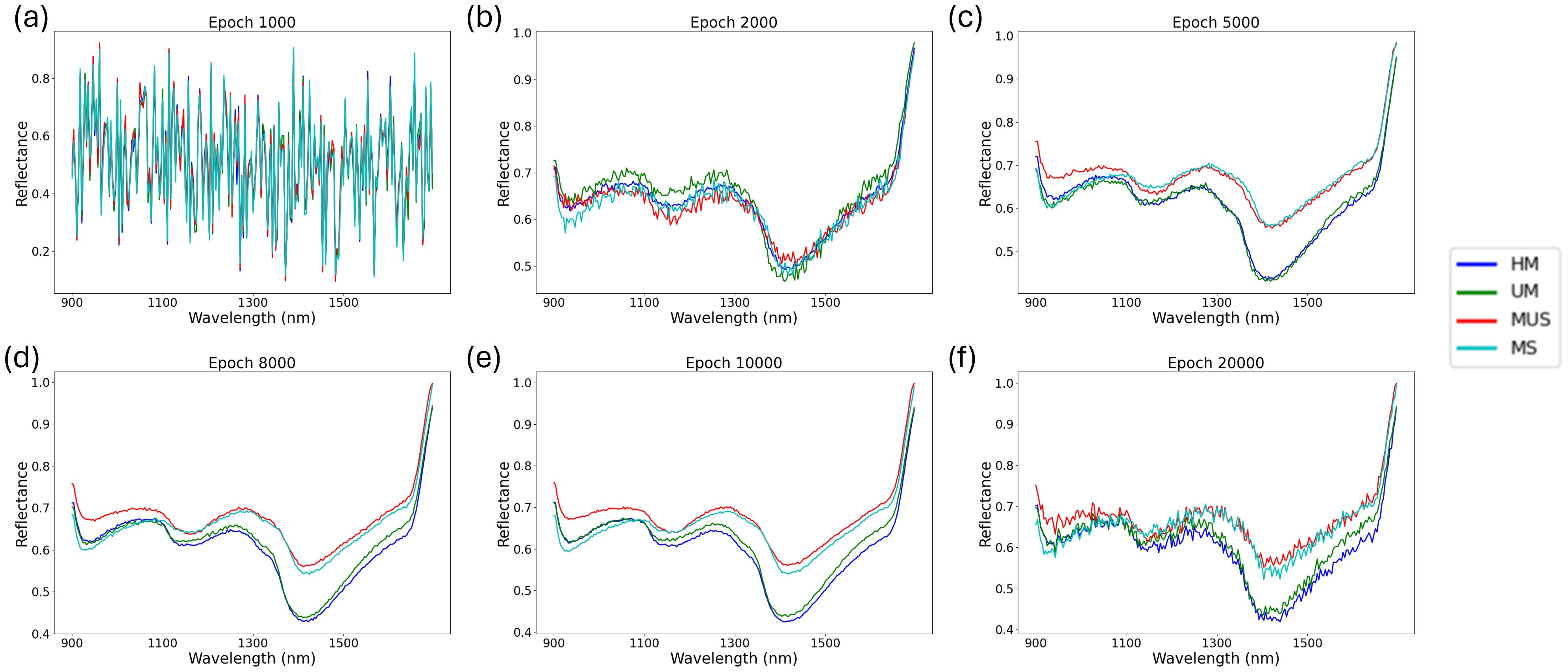 Six line graphs (a-f) display reflectance versus wavelength (in nm) across different epochs (1000 to 20000). Each graph has four colored lines representing HM, UM, MUS, and MS. Reflectance patterns stabilize over epochs, with peak variations in wavelengths around 900 and 1500 nm.
