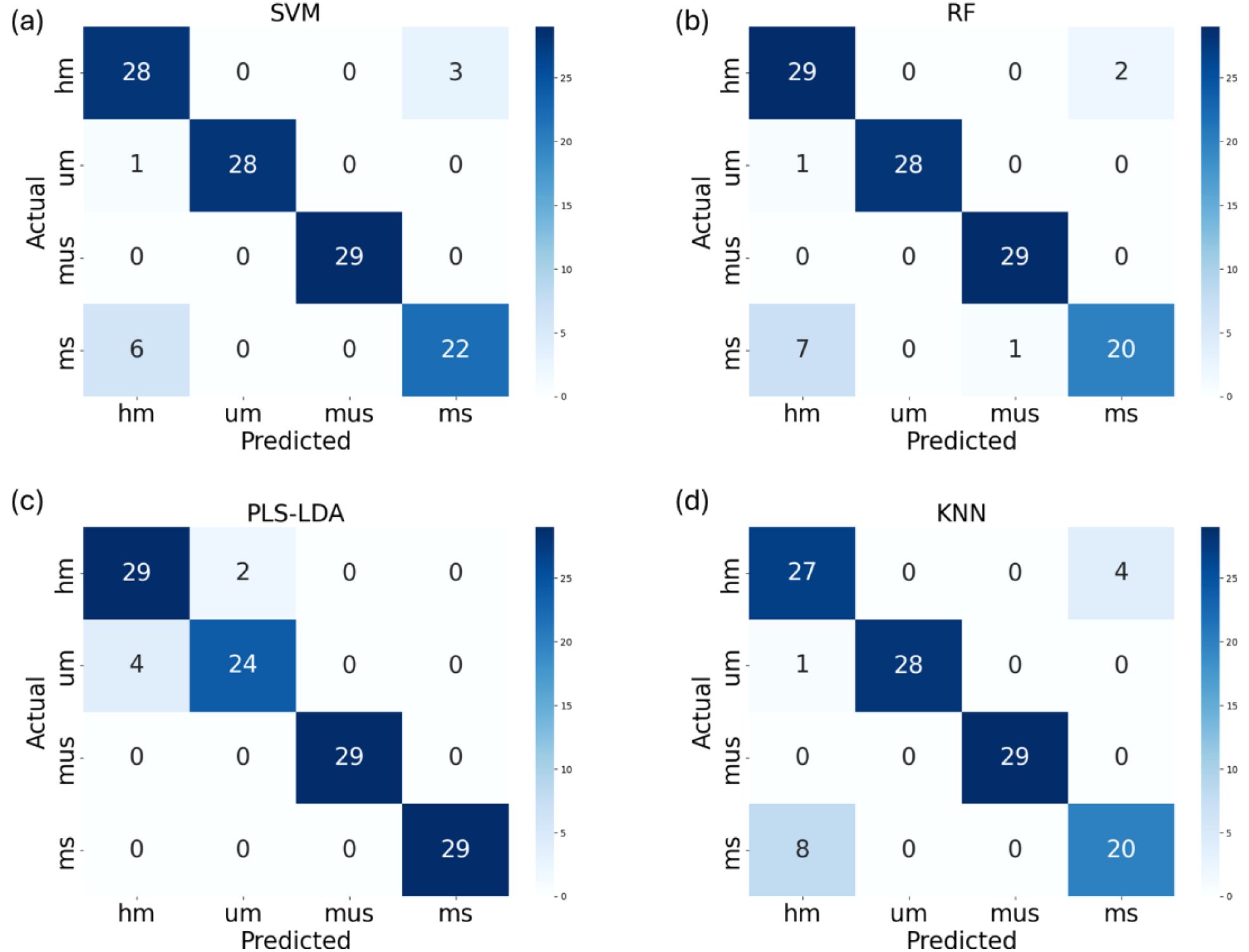 Confusion matrices for four algorithms: (a) SVM, (b) RF, (c) PLS-LDA, and (d) KNN. Each matrix compares actual and predicted values across categories: hm, um, mus, ms. Color intensity indicates value magnitude, with a scale from light to dark blue corresponding to lower to higher numbers.