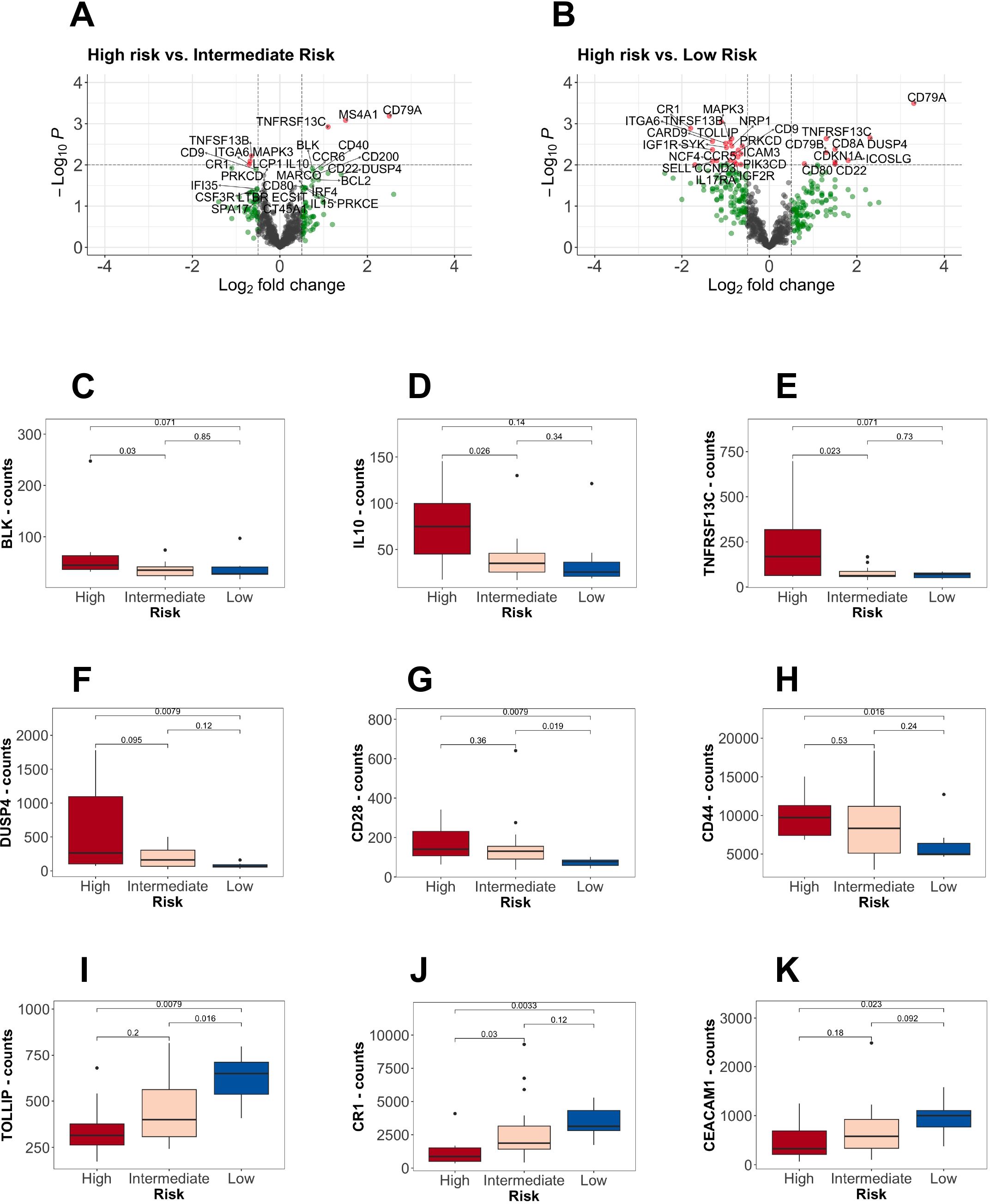 Volcano plots (A and B) compare gene expression in different risk groups, showcasing Log2 fold changes and -log10 p-values. Box plots (C-K) illustrate significant differences in gene or marker counts (BLK, IL10, TNFRSF13C, DUSP4, CD28, CD44, TOLLIP, CR1, CEACAM1) across high, intermediate, and low-risk categories, with statistical significance indicated.