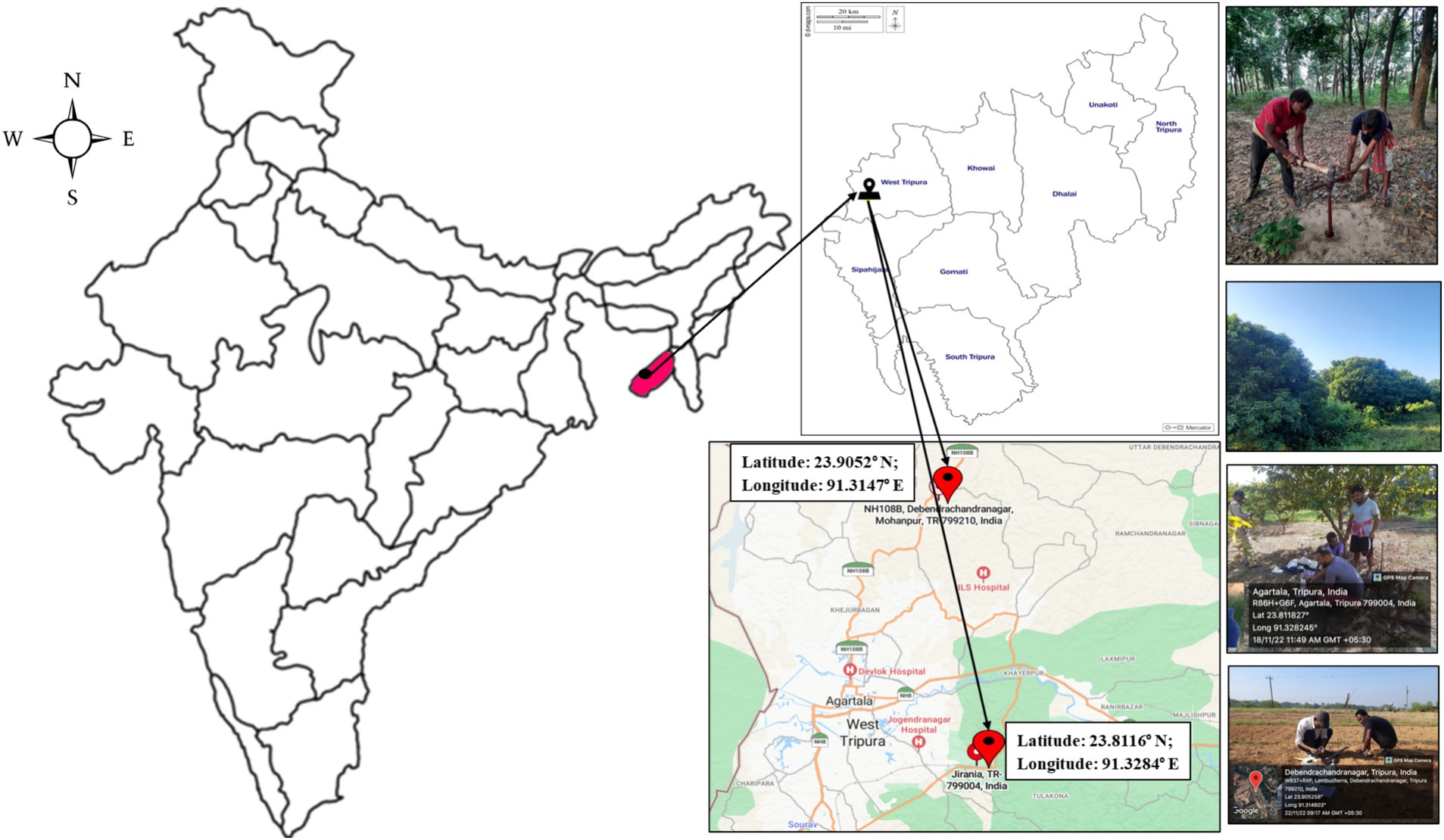 Map of India highlighting Tripura with a focus on West Tripura and Jirania, marked with specific coordinates. Adjacent images show people working in a forested area and their GPS coordinates.