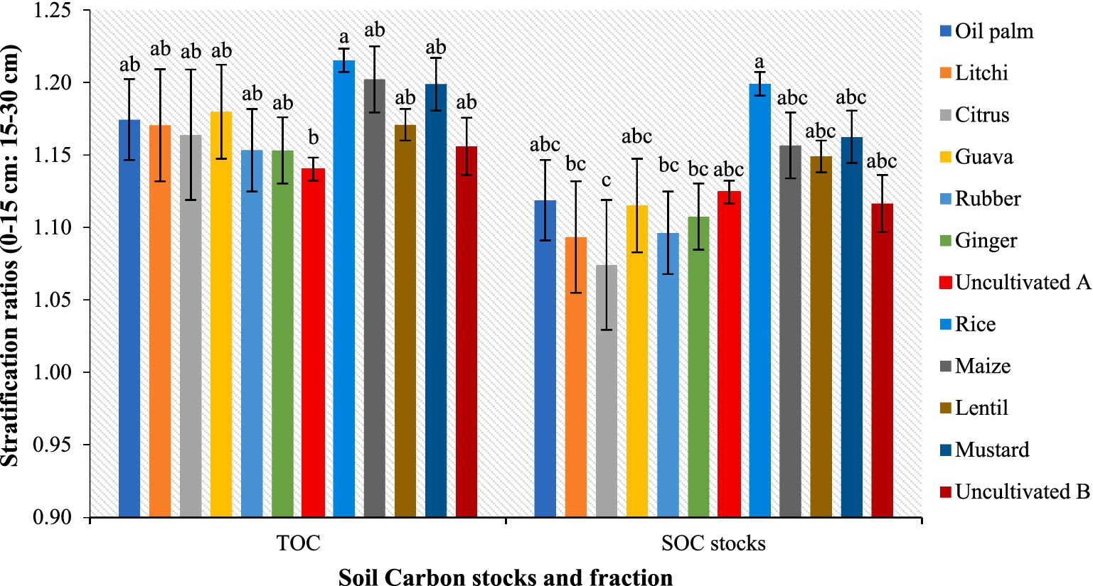 Bar chart comparing stratification ratios of different crops and uncultivated land types for TOC and SOC stocks. Categories include oil palm, litchi, citrus, guava, rubber, ginger, rice, maize, lentil, mustard, and uncultivated types A and B. Error bars indicate variation, and letters above bars denote statistical significance.