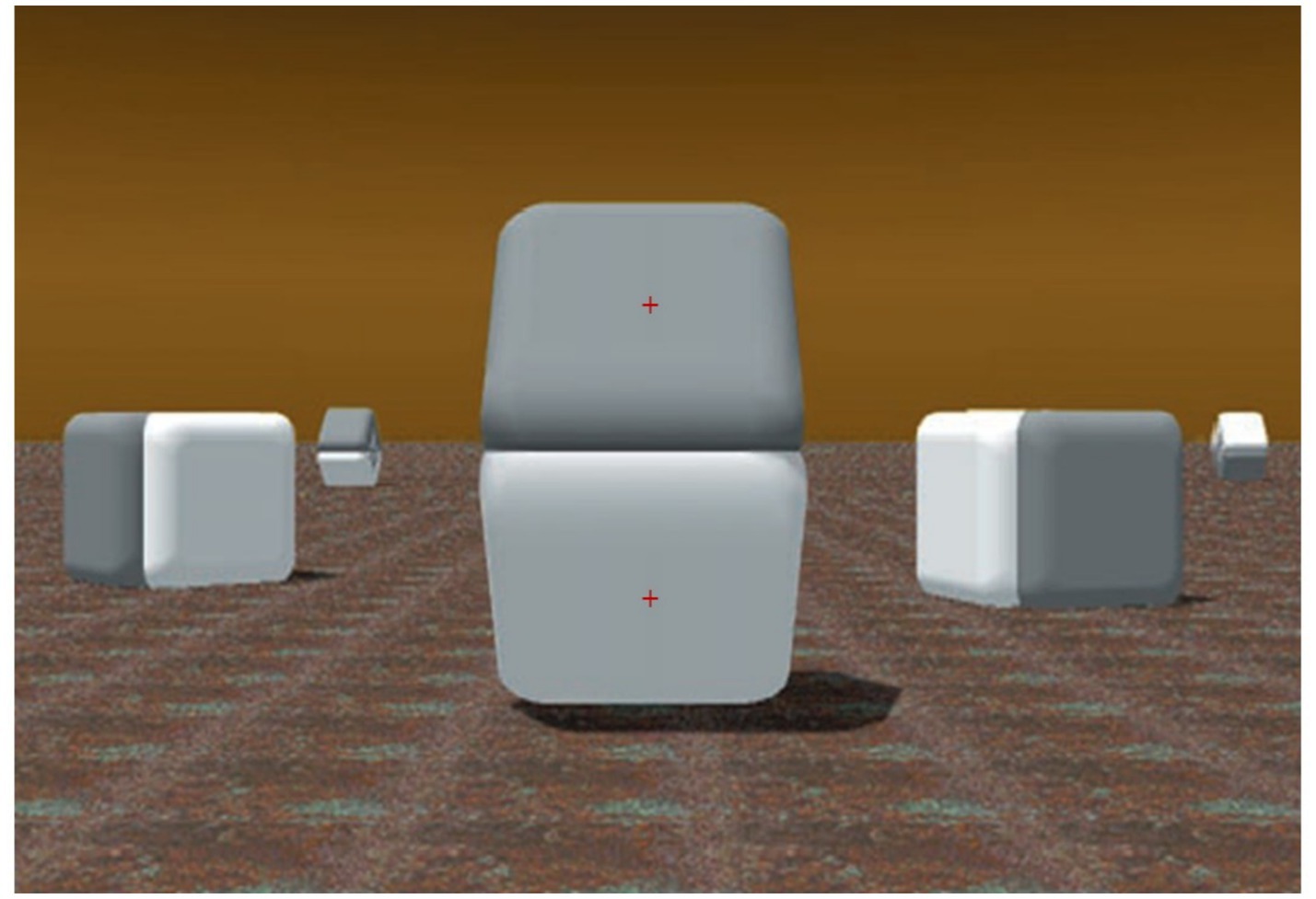 Geometric scene with several square objects on a textured surface. A larger, centrally positioned, two-tone gray cube with red crosshair markings is surrounded by smaller similar shapes. The background is a solid brown color.
