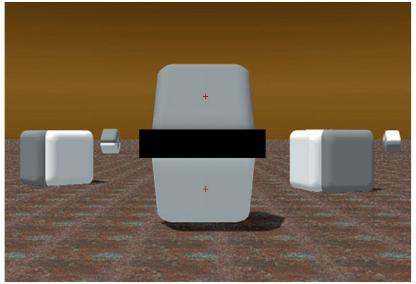 Cuboid shapes positioned on a textured surface with a brown sky backdrop. The central gray cuboid is larger, with a horizontal black bar obscuring its middle. Red crosses appear on the front of the shapes.