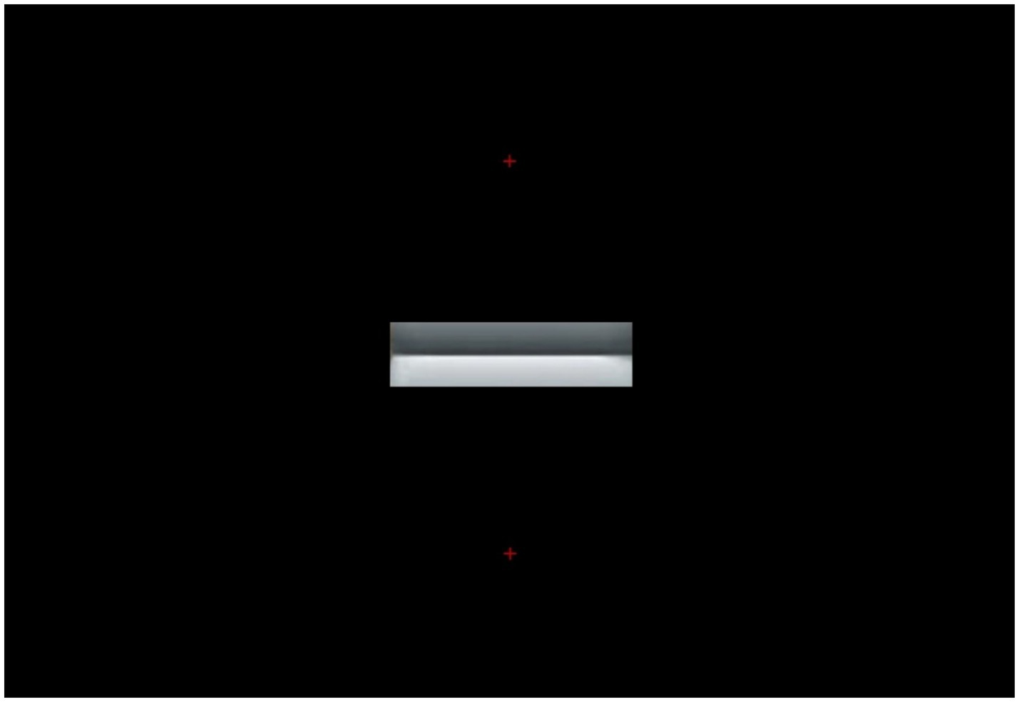 A black background featuring a central horizontal bar with a gradient from gray to white. Two small red crosses are placed above and below the bar.