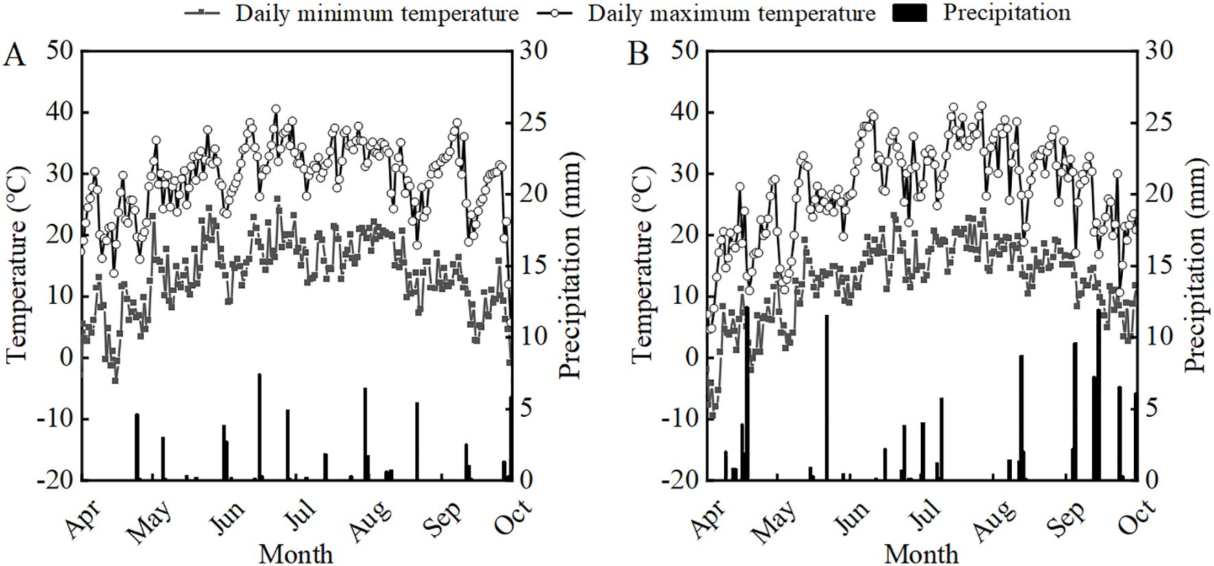 Two line graphs labeled A and B show daily minimum and maximum temperatures and precipitation from April to October. Maximum temperatures are plotted with open circles, minimum temperatures with filled squares, and precipitation with vertical bars. Temperature is measured in degrees Celsius and precipitation in millimeters. The graphs depict a general increase in temperature from April, peaking in July and August, then decreasing by October. Precipitation varies throughout the months, with notable peaks, especially in late summer.