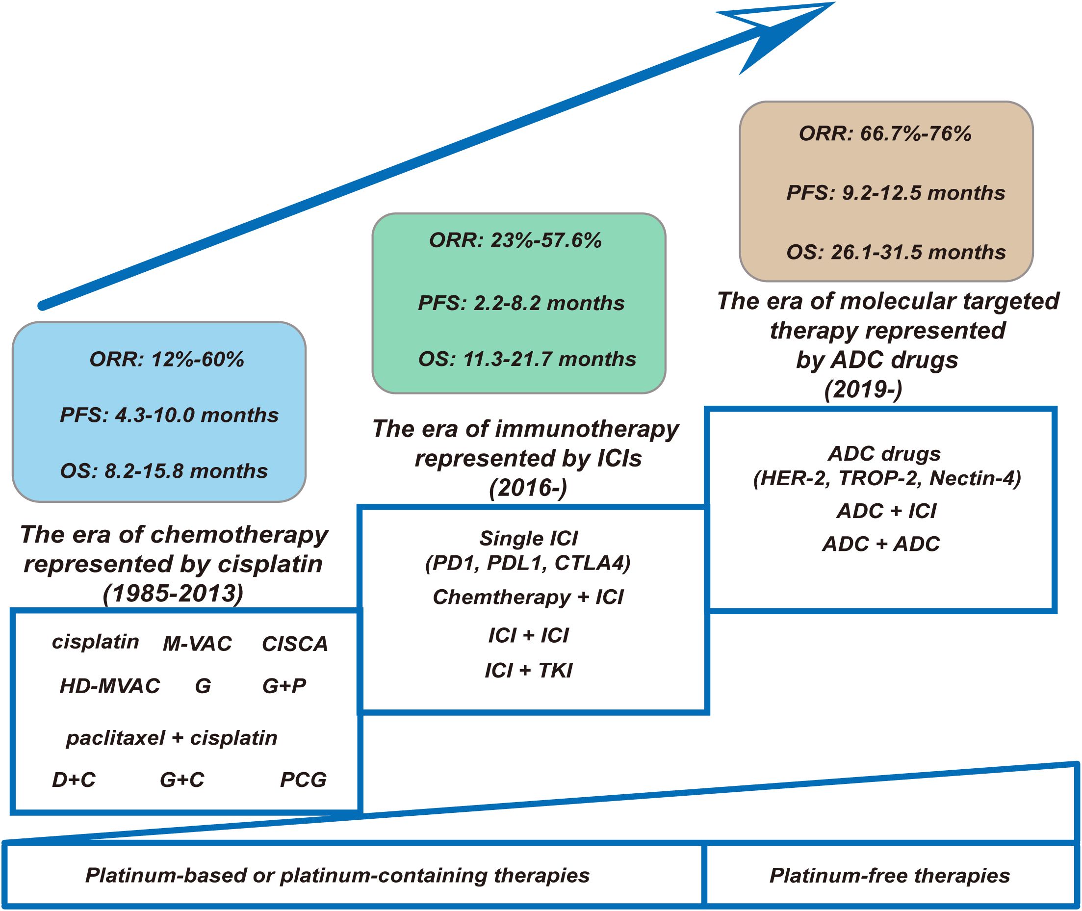 Diagram depicting the evolution of cancer therapies from 1985 to 2019. It shows three eras: chemotherapy (1985-2013), immunotherapy (2016-), and molecular targeted therapy (2019-). Each era includes overall response rates (ORR), progression-free survival (PFS), and overall survival (OS) statistics. The diagram highlights transitions from platinum-based therapies to platinum-free therapies, with specific drug examples like cisplatin and ADC drugs. An upward arrow signifies progress in treatment effectiveness over time.