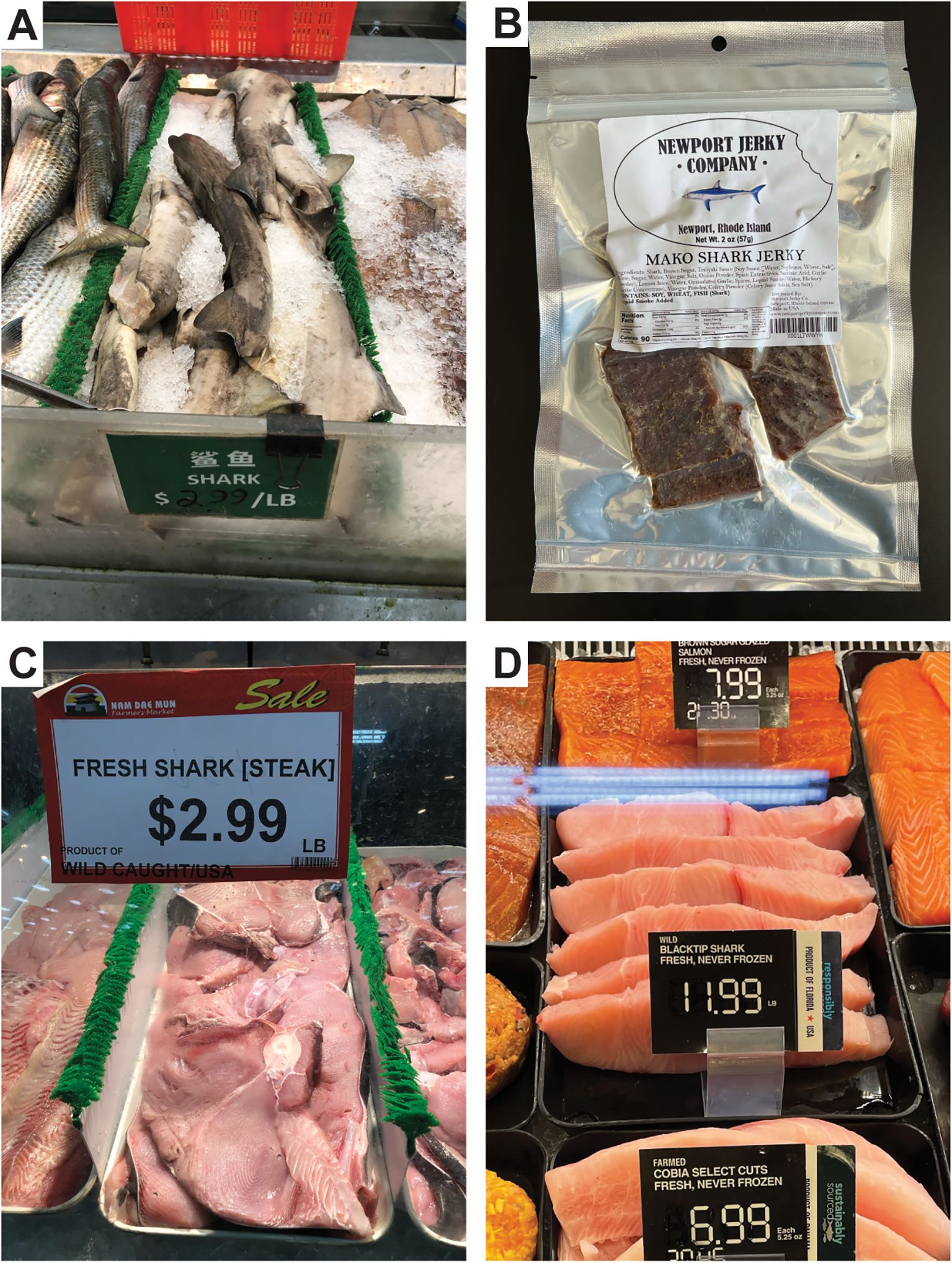 A display of various shark products: A. Whole shark carcasses on ice, priced at 2.99 dollars per pound. B. Packaged Mako Shark Jerky from Newport Jerky Company. C. Fresh shark steaks marked at 2.99 dollars per pound, labeled as wild caught in the USA. D. Sliced Blacktip Shark fillets priced at 11.99 dollars per pound alongside other seafood.