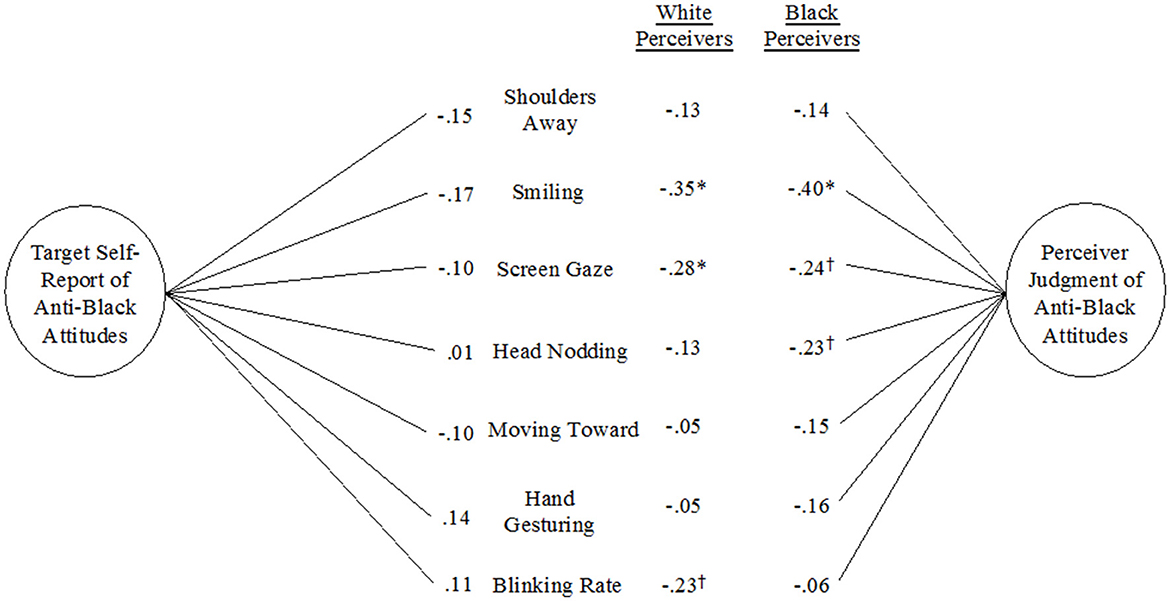 A path model showing correlations between target self-report of anti-Black attitudes and perceiver judgments. The model lists behaviors like shoulders away, smiling, and screen gaze, with correlation coefficients for both White and Black perceivers. Notable coefficients include smiling (-.35 for White perceivers, -.40 for Black) and screen gaze (-.28 for White, -.24† for Black). The perceiver judgments correlate these behaviors with anti-Black attitudes. Asterisks and daggers denote significance levels.