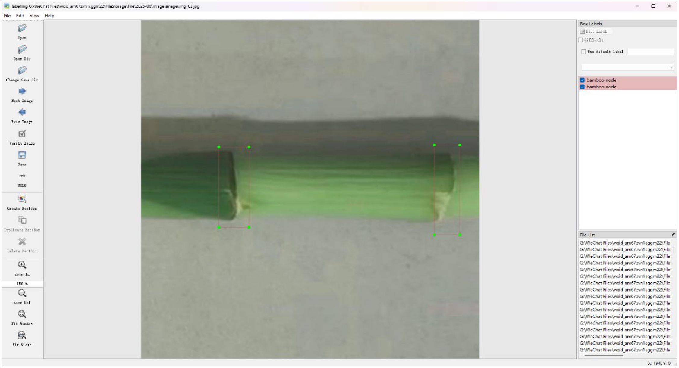 A software interface displaying an image of a green bamboo node with rectangular boxes around sections of it. The interface includes tool options on the left and a list of labeled boxes on the right, with “bamboo node” checked.