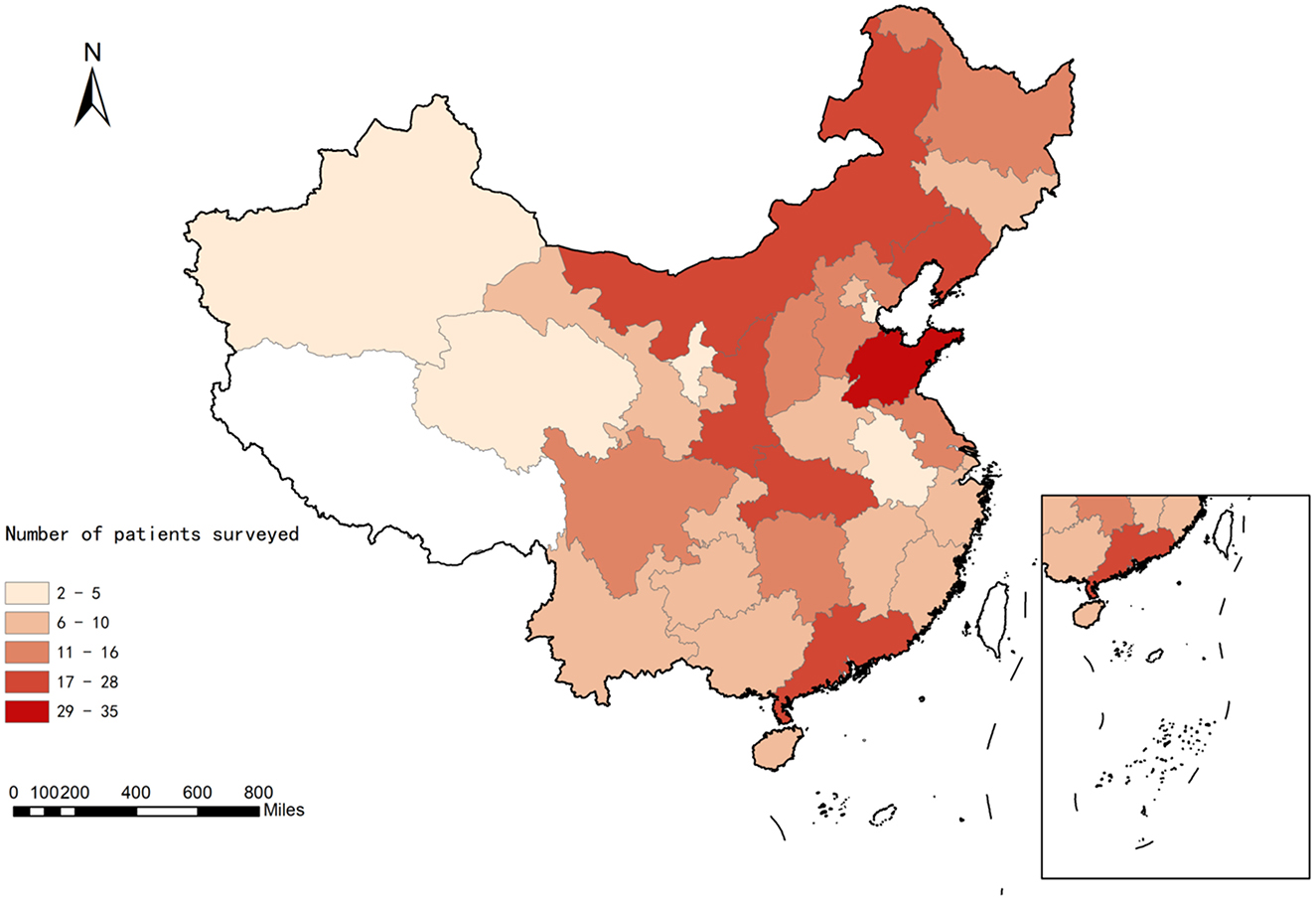 Map of China showing the distribution of patients surveyed, color-coded by region. Lighter shades indicate fewer patients (2-5), while darker shades indicate more patients (up to 35). An inset in the bottom right displays additional regions. A scale in miles is provided in the bottom left corner.