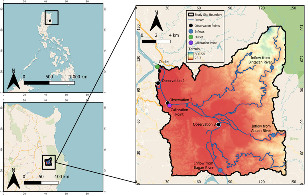 Map showing the study site in the Philippines showing terrain elevations, stream observation points and calibration sites.