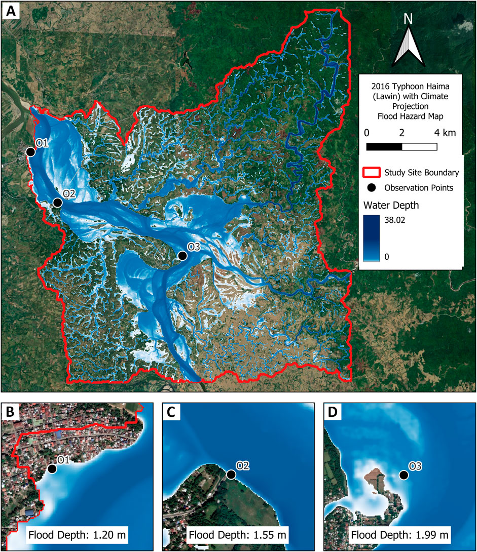 Map showing the flood depths from the 2016 Typhoon Haima incorporating the effects of climate projection. Included are zoomed-in areas at observations points showing flood hazard at these areas for analysis.