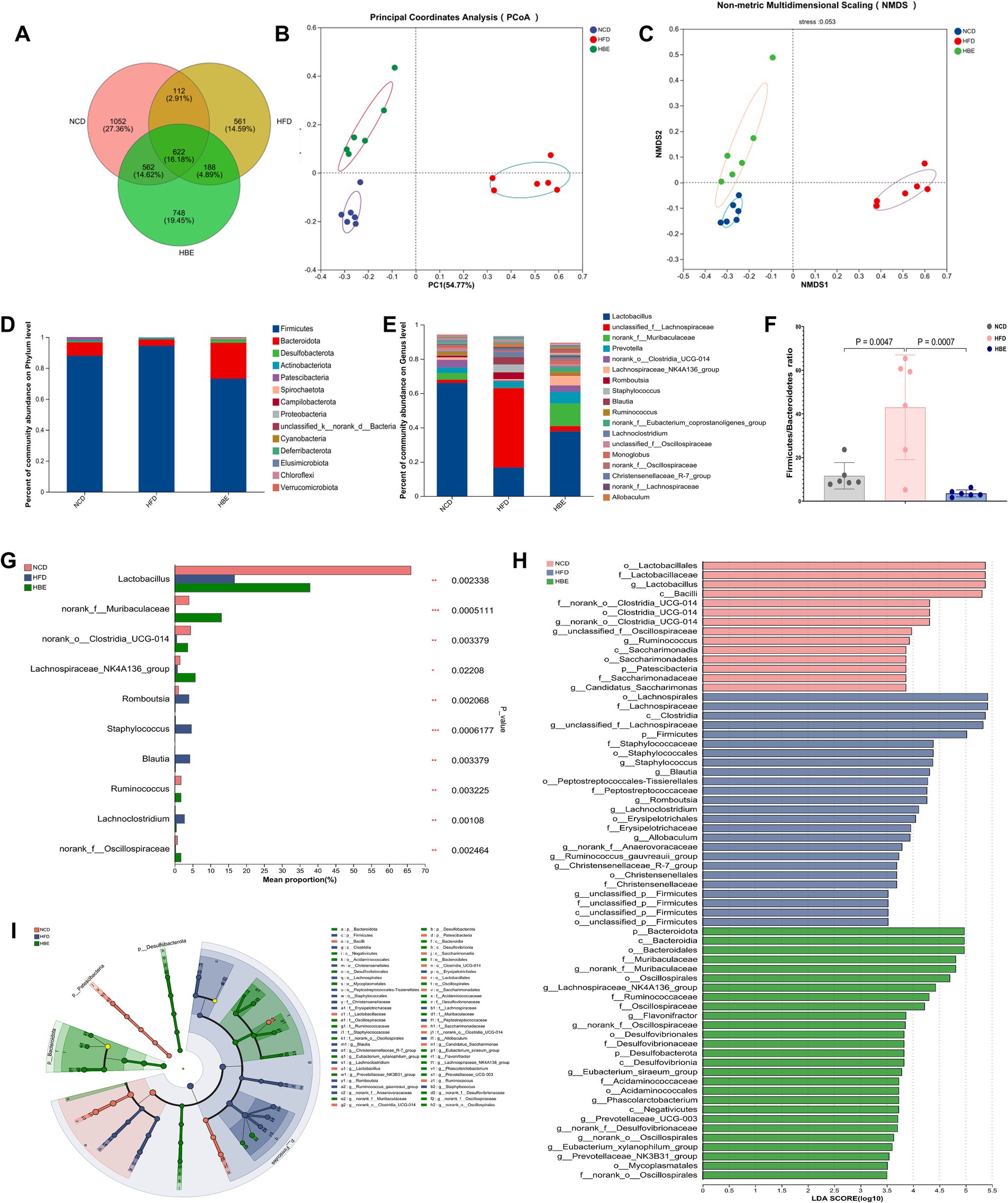 A series of graphs and charts related to microbiome analysis: A Venn diagram shows the overlap between three dietary groups (NCD, HFD, HBE). PCoA and NMDS plots (B, C) visualize the microbial diversity among these groups. Bar charts (D, E) depict the relative abundance of bacterial phyla and genera. A box plot (F) compares Firmicutes/Bacteroidetes ratios. Bar charts (G, H) show mean proportions and LDA scores for various taxa. A circular cladogram (I) visualizes taxonomic relationships. The figures highlight microbial composition and differences across dietary treatments.