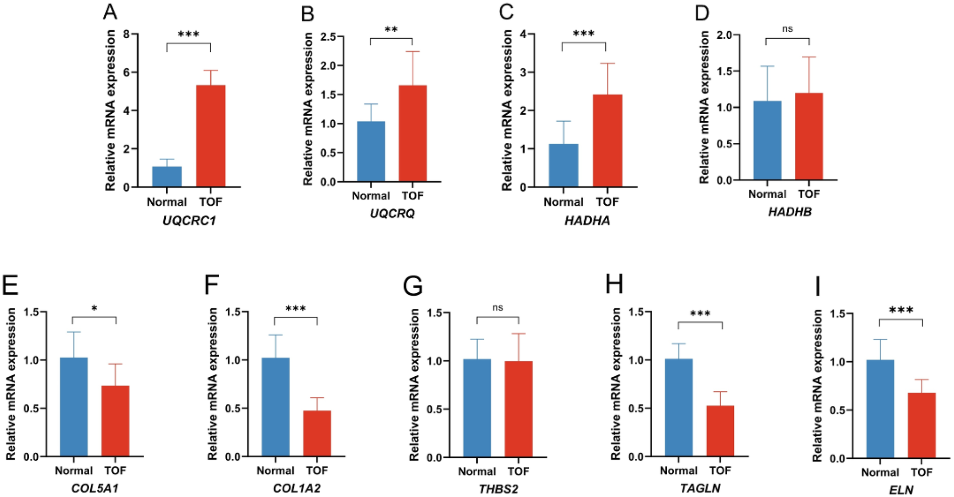 Bar graphs comparing relative mRNA expression levels in Normal versus TOF conditions. Panels A, B, C, F, H, and I show significant differences, with TOF generally higher in panels A, B, and C, and Normal higher in panels F, H, and I. Panels D and G show no significant differences. Genes analyzed include UQCRC1, UQCRQ, HADHA, HADHB, COL5A1, COL1A2, THBS2, TAGLN, and ELN, illustrating changes in expression levels across these conditions.