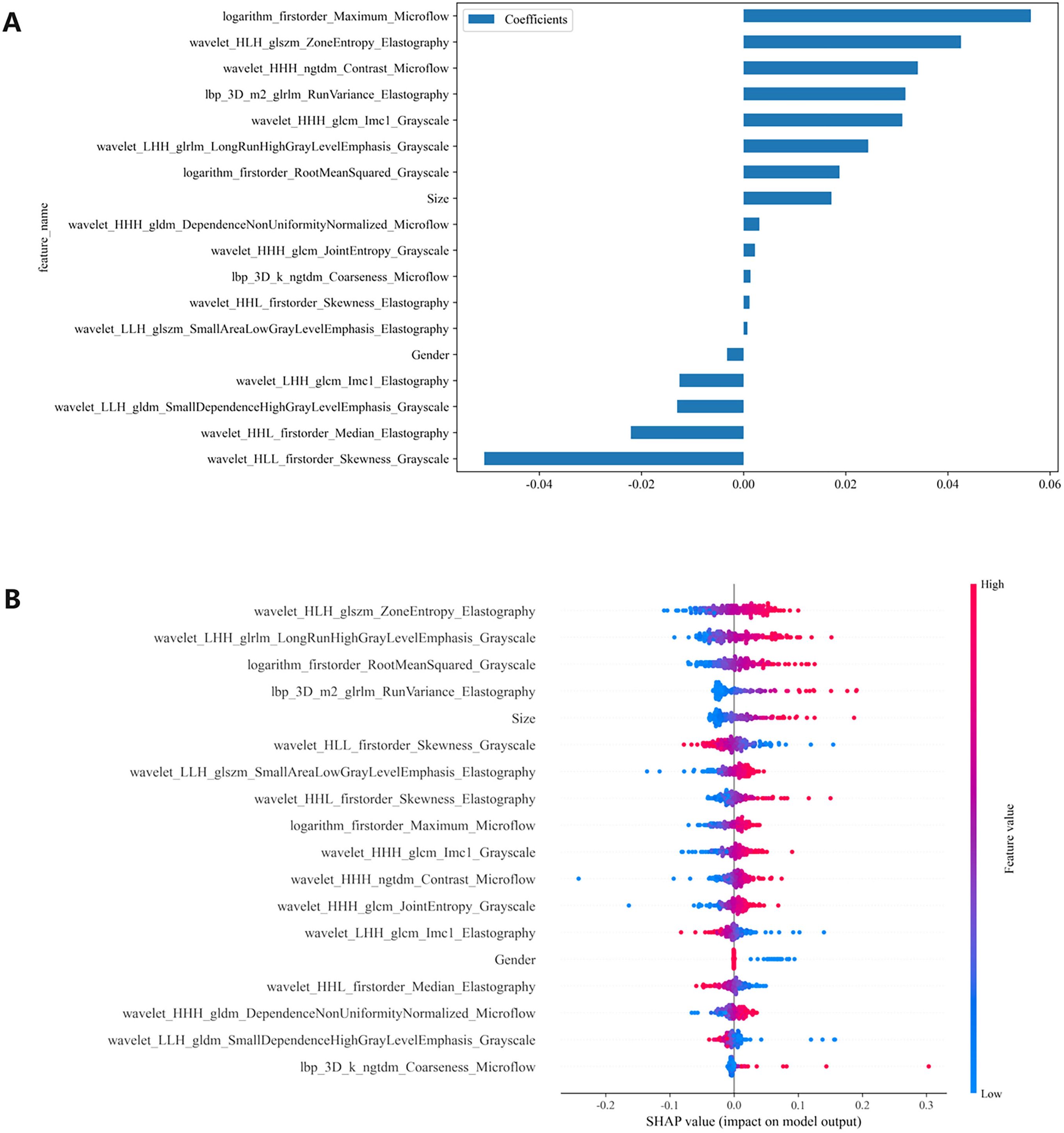 Panel A presents a bar graph showing feature coefficients, with each bar representing a feature's importance. Some features have positive coefficients, others negative. Panel B shows a SHAP value plot with features on the y-axis and SHAP values on the x-axis, indicating their impact on the model's output. Each feature is represented by dots colored along a gradient from low to high feature values.