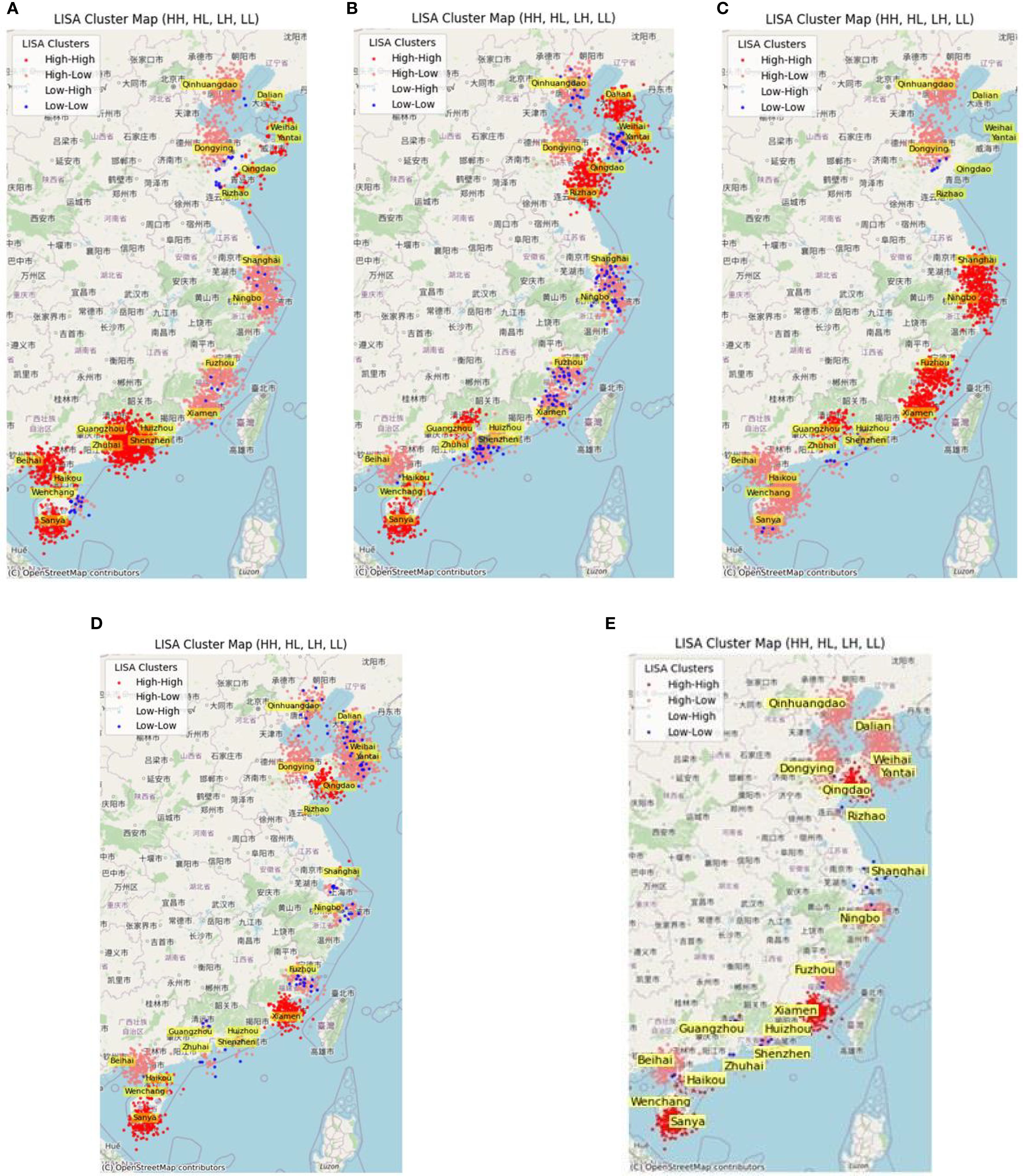Five LISA cluster maps labeled A to E, display regions in China with varying cluster intensities. The clusters show High-High in red, High-Low in pink, Low-High in blue, and Low-Low in light blue. Major cities like Dalian, Qingdao, Shanghai, Guangzhou, and Shenzhen are marked, indicating significant clustering patterns along the coastal areas. Each map highlights different cluster distributions while maintaining a consistent geographic focus.
