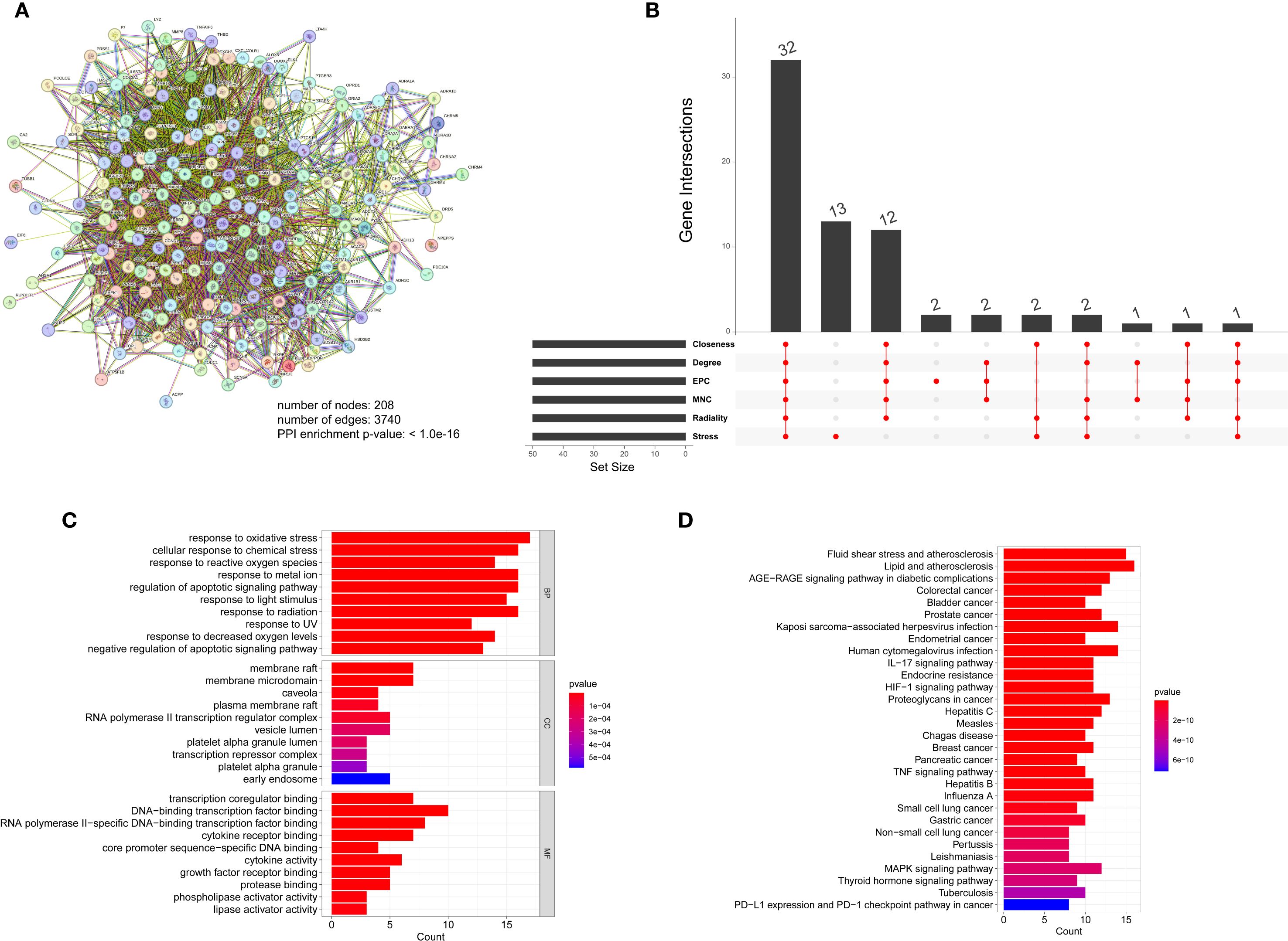 A network visualization shows 208 nodes and 3740 edges, indicating protein-protein interactions with significant enrichment. A bar chart displays gene intersections from different analytical methods. Another bar chart illustrates various biological responses colored by p-value significance. The final bar chart categorizes diseases and pathways associated with specific p-values.