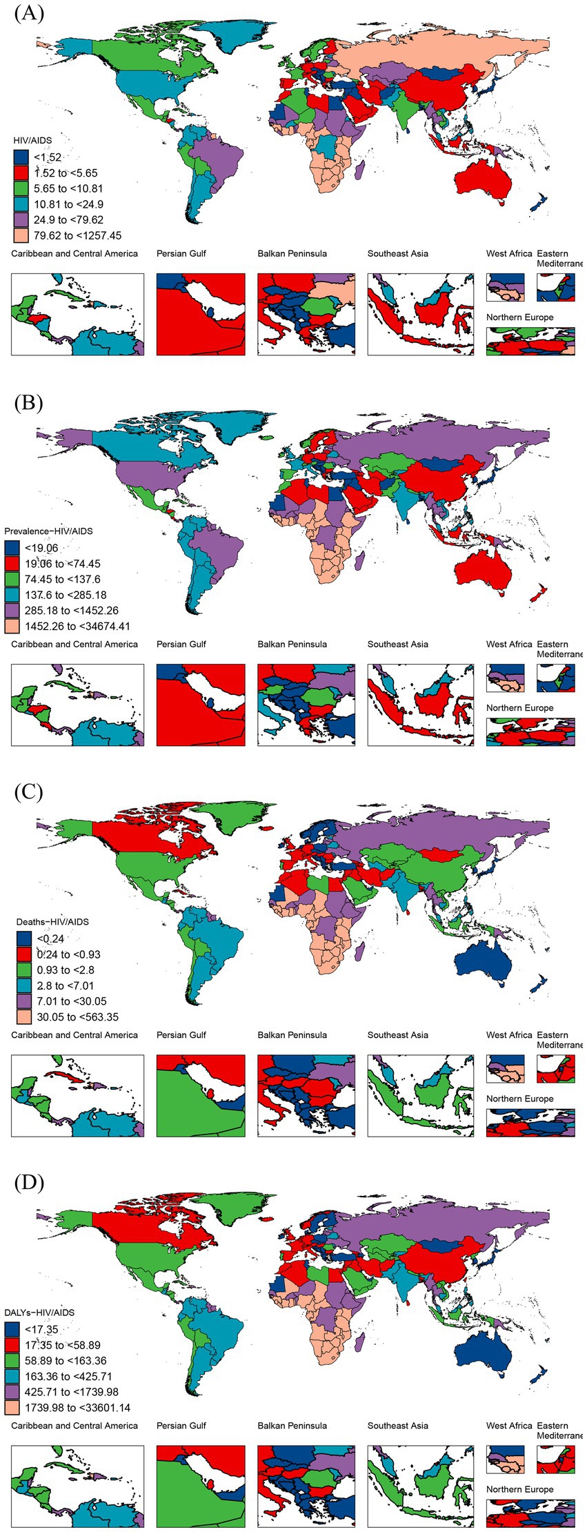 Maps depicting global HIV/AIDS data across four panels (A-D). Panel A shows HIV prevalence by country in varying colors. Panel B highlights HIV/AIDS prevalence rates. Panel C displays deaths related to HIV/AIDS, and panel D shows Disability-Adjusted Life Years (DALYs) due to HIV/AIDS. Insets provide magnified views of specific regions, including the Caribbean, Persian Gulf, Balkan Peninsula, Southeast Asia, West Africa, Eastern Mediterranean, and Northern Europe. Each panel uses a distinct color scale to represent data ranges.