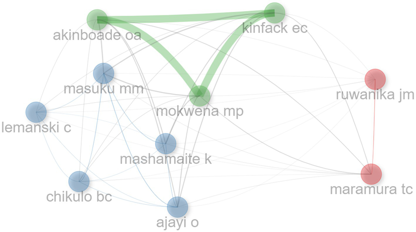 Network graph depicting connections between nodes labeled with names. Nodes are color-coded: blue, green, and red. Thicker, colored lines indicate stronger connections between certain nodes.