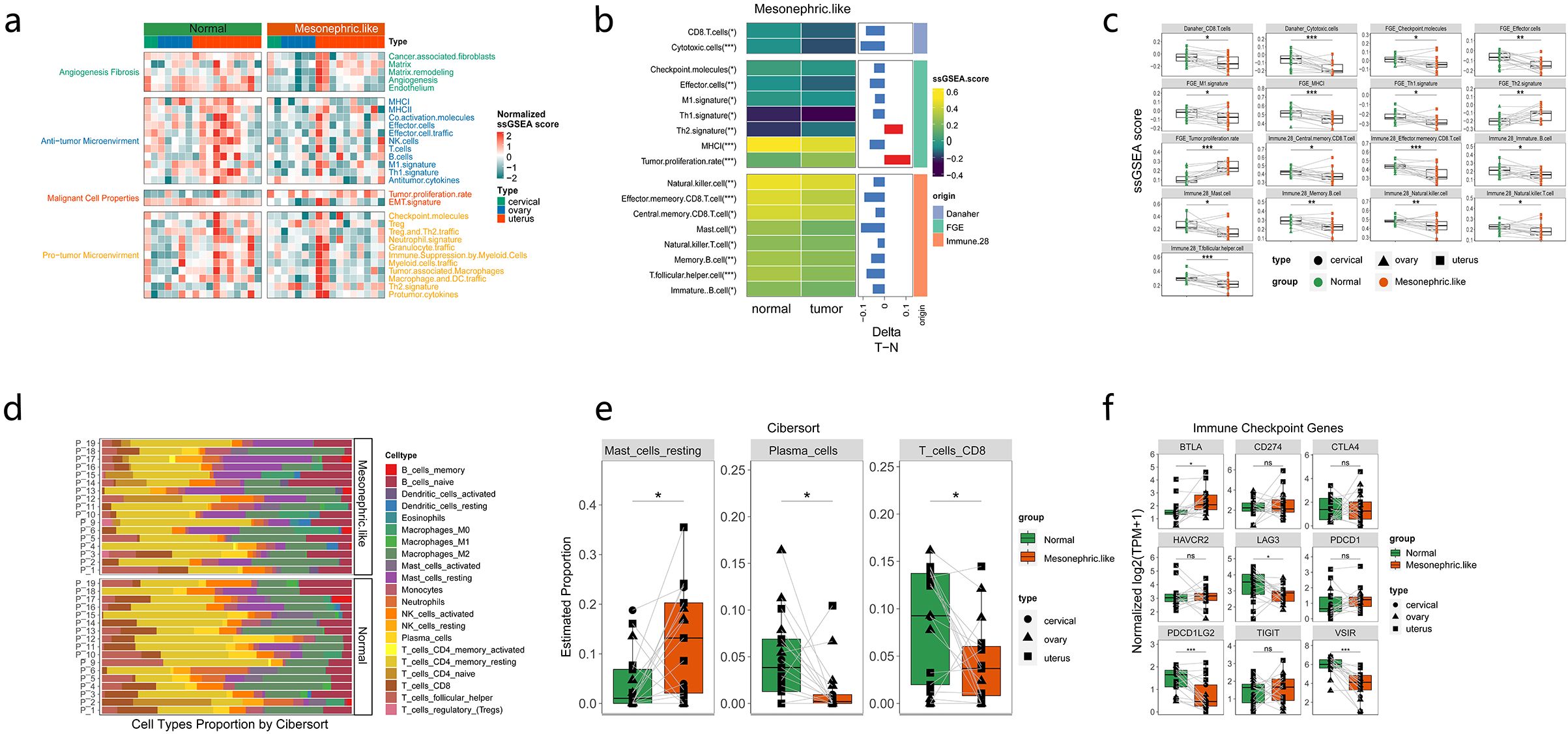 Multiple panels showing data visualizations related to mesonephric-like tumors. Panel (a) displays a heatmap of normalized ssGSEA scores for various cell types in tumor environments. Panel (b) presents bar graphs of cell types comparing normal and tumor states along with delta scores. Panel (c) contains box plots comparing ssGSEA scores across different datasets and tissue types. Panel (d) illustrates stacked bar charts of cell type proportions by Cibersort for mesonephric-like and normal groups. Panel (e) shows bar graphs of estimated proportions of specific cell types, with significant differences indicated. Panel (f) features box plots for immune checkpoint genes, comparing normal and mesonephric-like groups.