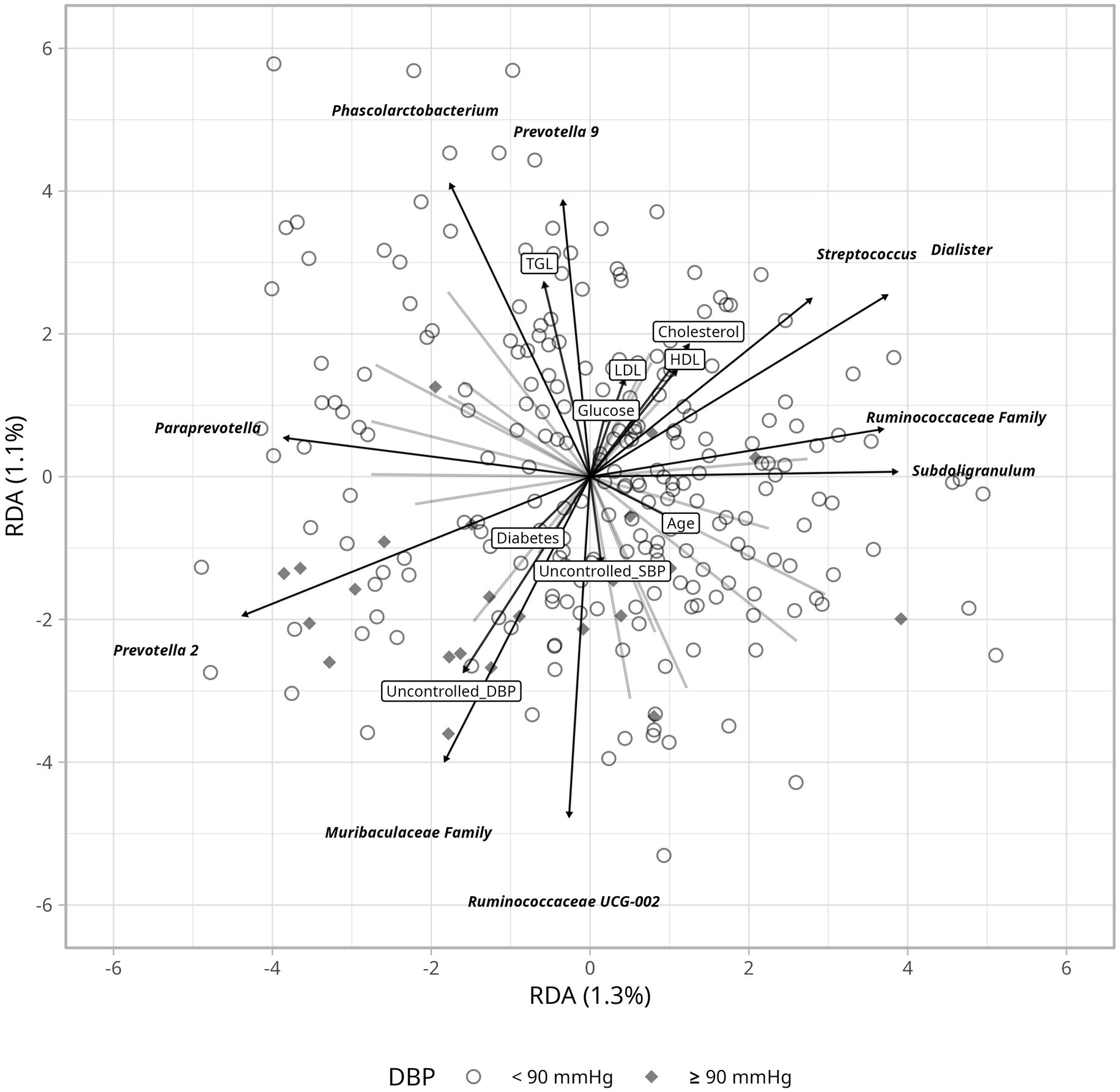 Ordination plot showing relationships between blood pressure categories and microbiota. Arrows indicate variables such as glucose, cholesterol, and various bacterial taxa. Points represent individuals, with shapes differentiating diastolic blood pressure (DBP) levels: circles for less than 90 mmHg and diamonds for 90 mmHg or above. Axes are labeled RDA with corresponding percentages.