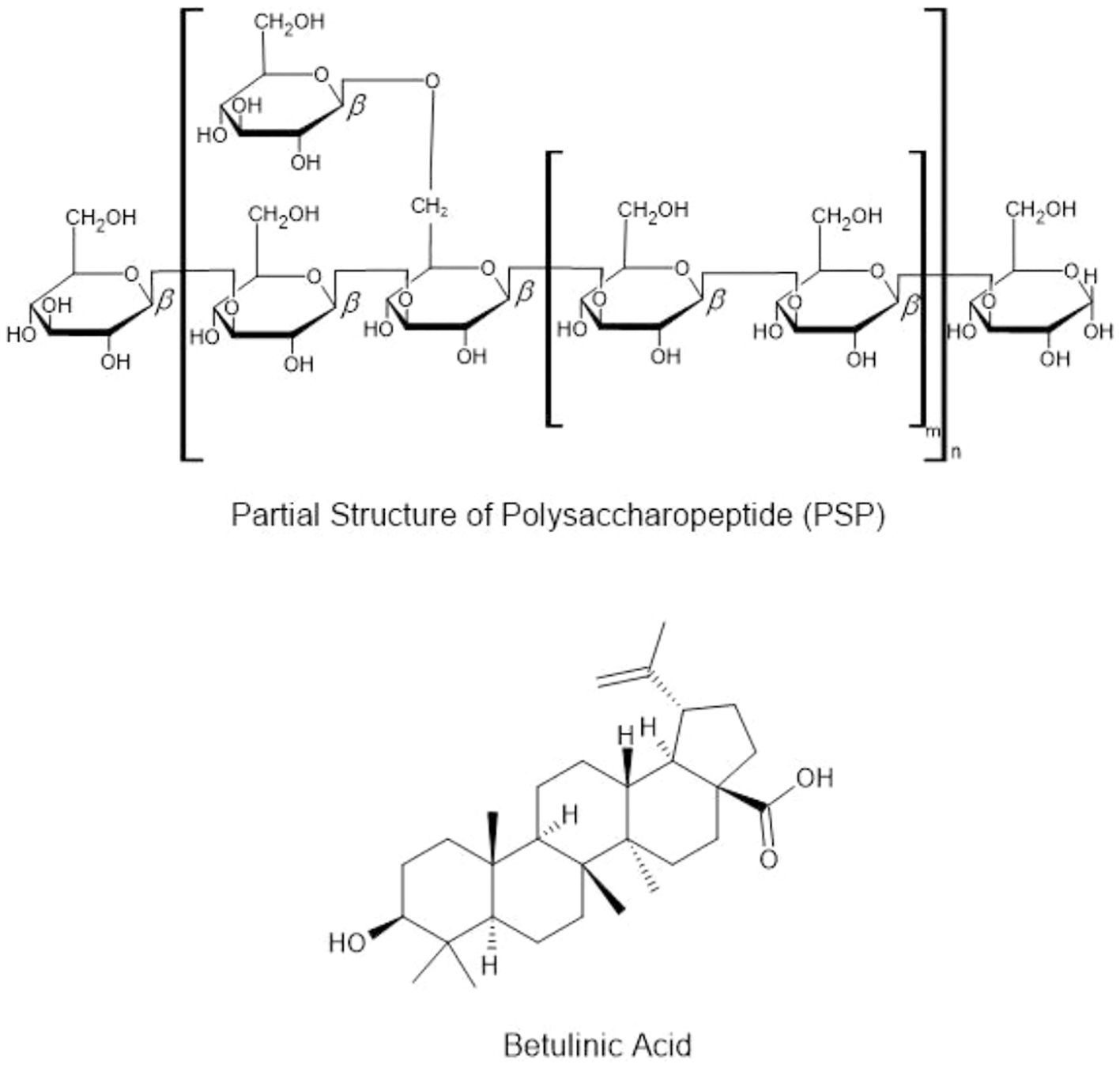 Chemical structures of polysaccharopeptide (PSP) and betulinic acid. The PSP shows a polysaccharide chain consisting of repeated glucose units linked by beta-glycosidic bonds. Betulinic acid displays a pentacyclic triterpenoid structure with hydroxyl and carboxyl groups.