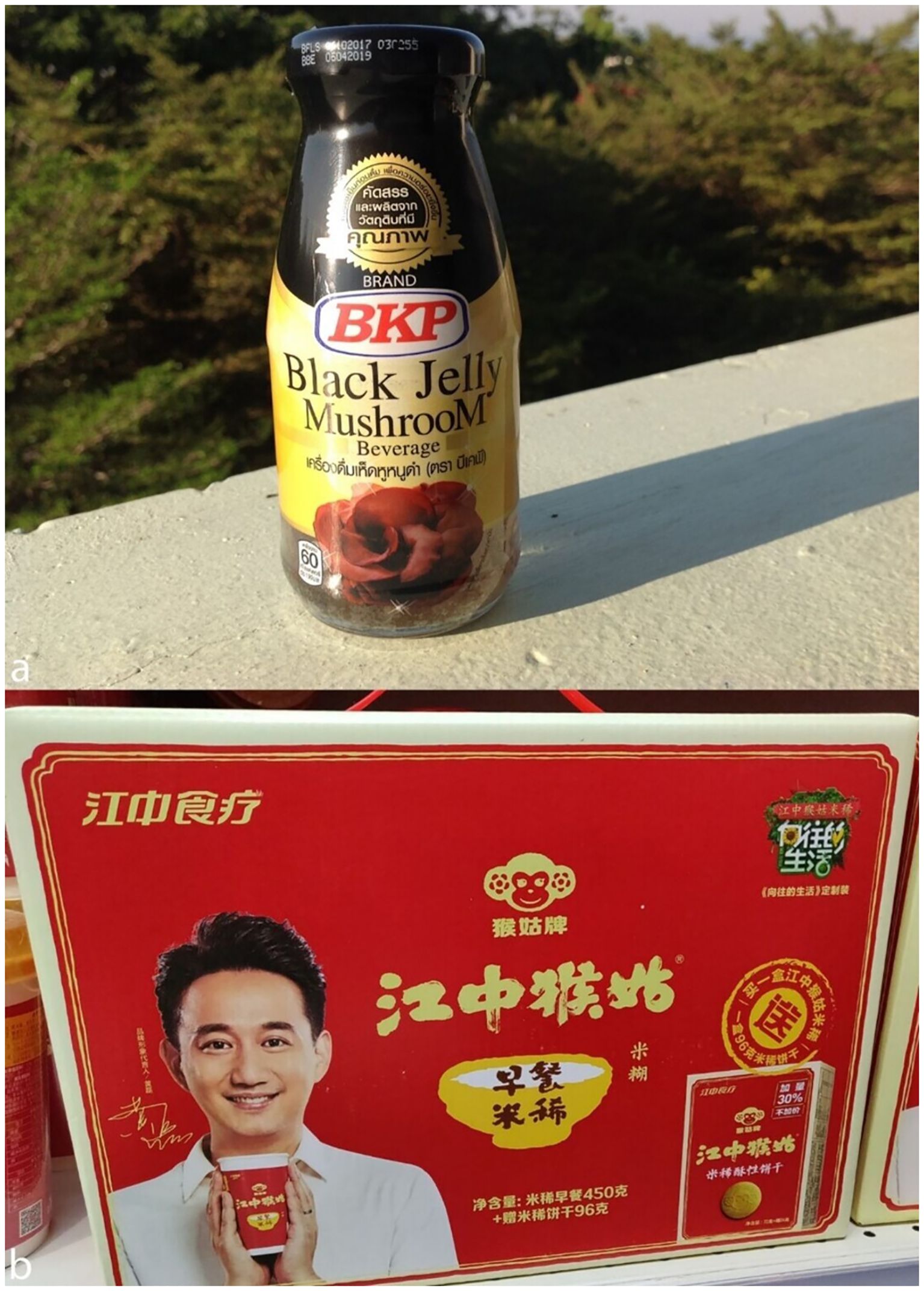 A bottle of BKP Black Jelly Mushroom beverage with Thai text and a golden seal, displayed on a ledge with greenery in the background. A red package features Asian text and a smiling man holding a product, with a monkey logo and additional graphics.