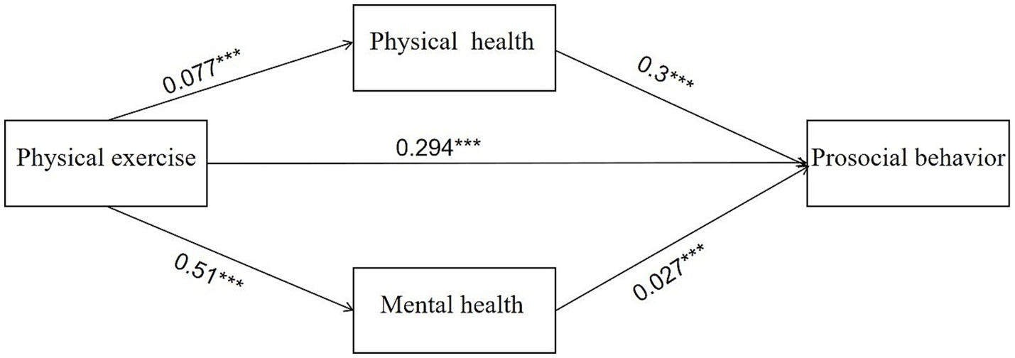 Flowchart illustrating relationships between physical exercise, physical health, mental health, and prosocial behavior. Arrows and values indicate influence: exercise to physical health (0.077), exercise to mental health (0.51), exercise directly to prosocial behavior (0.294), physical health to prosocial behavior (0.3), and mental health to prosocial behavior (0.027).