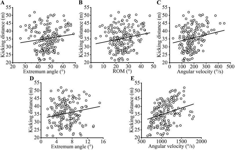 Scatter plots A to E show the relationship between kicking distance and various biomechanical parameters. Each plot has a trendline: (A) extremum angle ranging from 20 to 70 degrees, (B) range of motion from 0 to 50 degrees, (C) angular velocity from 0 to 500 degrees per second, (D) extremum angle from 0 to 16 degrees, and (E) angular velocity from 500 to 2000 degrees per second. The y-axis represents kicking distance from 20 to 55 meters across all graphs.