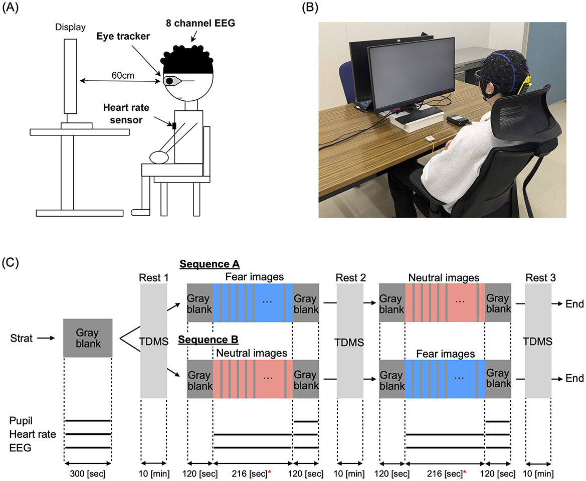 Diagram (A) shows a person with EEG, eye tracker, and heart rate sensor sitting 60 cm from a monitor. Photo (B) depicts a person wearing an EEG cap sitting in front of a computer screen. Schematic (C) illustrates a study timeline involving sequences of fear and neutral images with rest periods, measuring pupil, heart rate, and EEG data.