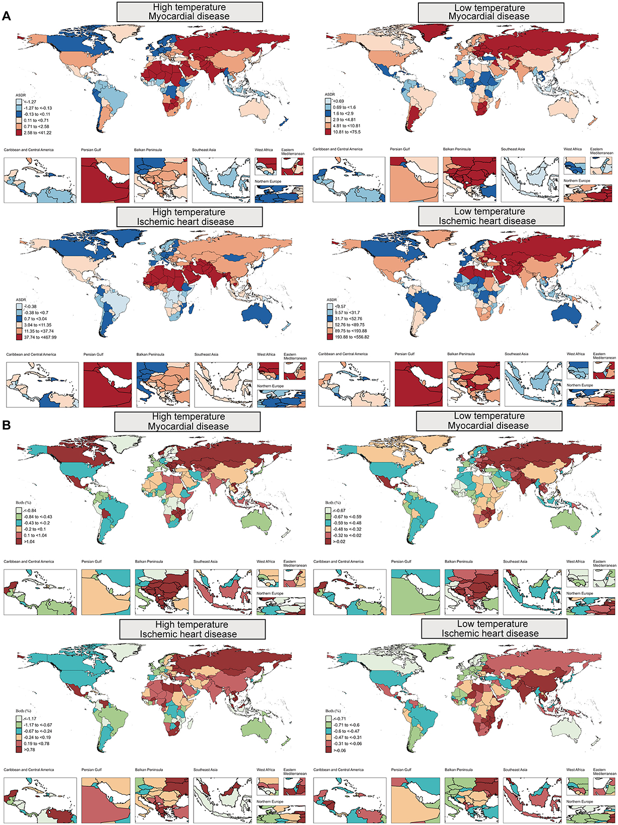 Maps display global variations in myocardial and ischemic heart disease risk at high and low temperatures, labeled A and B. Colors indicate risk increases, with regional insets highlighting areas like the Caribbean, Persian Gulf, and Southeast Asia.