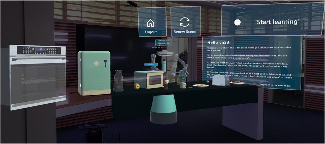 A virtual kitchen scene with digital overlays displays a control panel featuring options like