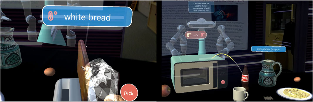 Virtual reality environment showing user’s hands interacting with objects. Left panel: a grasped object labeled