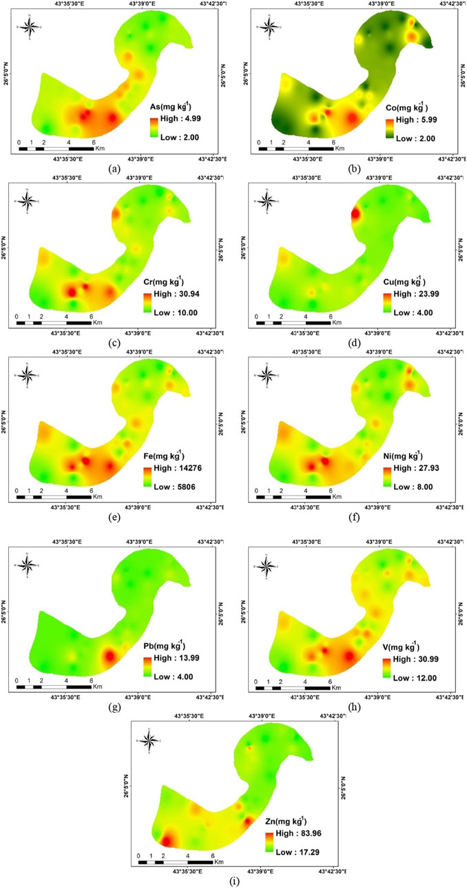 Nine color-coded heat maps displaying the distribution of different metals in a geographical area. Each map shows the concentration levels with scales in milligrams per kilogram ranging from low to high values. The metals represented are Arsenic, Cobalt, Chromium, Copper, Iron, Nickel, Lead, Vanadium, and Zinc. Each map includes a compass for orientation and scale in kilometers. High concentrations are marked in red, transitioning to green for lower concentrations.