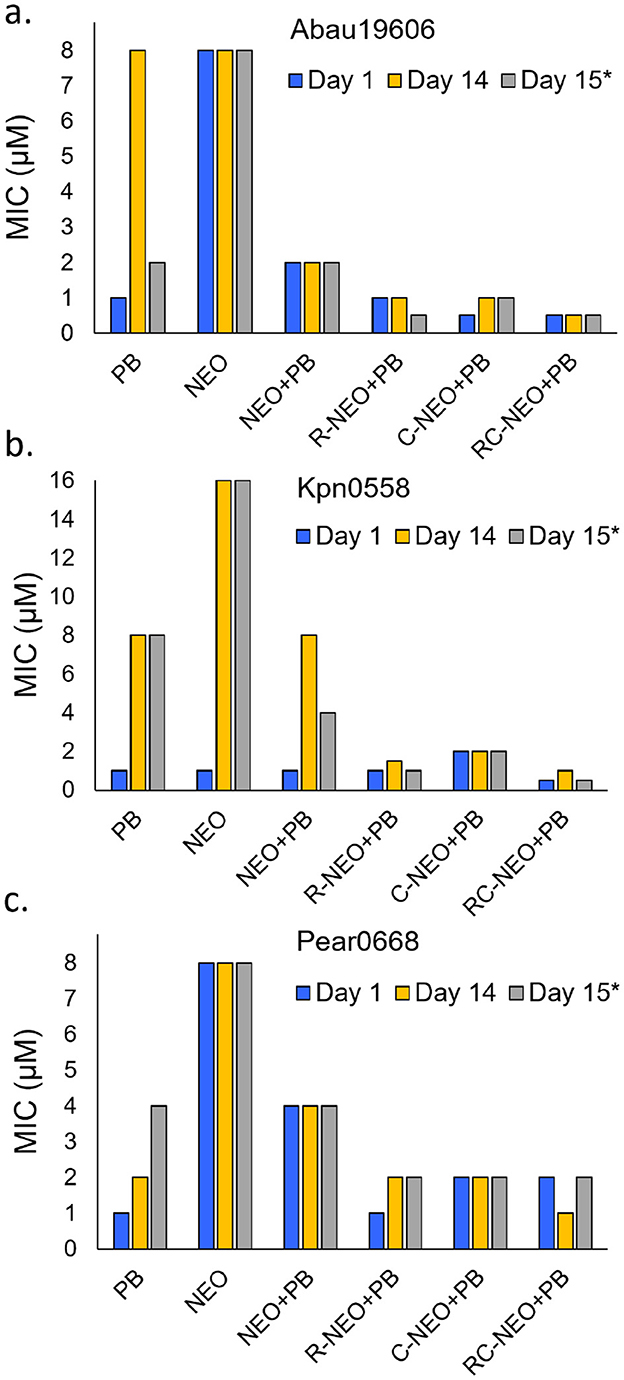 Bar charts illustrating the minimum inhibitory concentration (MIC) in micromolars (μM) over three time points: Day 1 (blue), Day 14 (orange), and Day 15 (gray) for different treatments (PB, NEO, NEO+PB, R-NEO+PB, C-NEO+PB, RC-NEO+PB). Chart a shows Abau19606, chart b shows Kpn0558, and chart c shows Pear0668. Each chart displays varying MIC levels across time for the respective treatments.