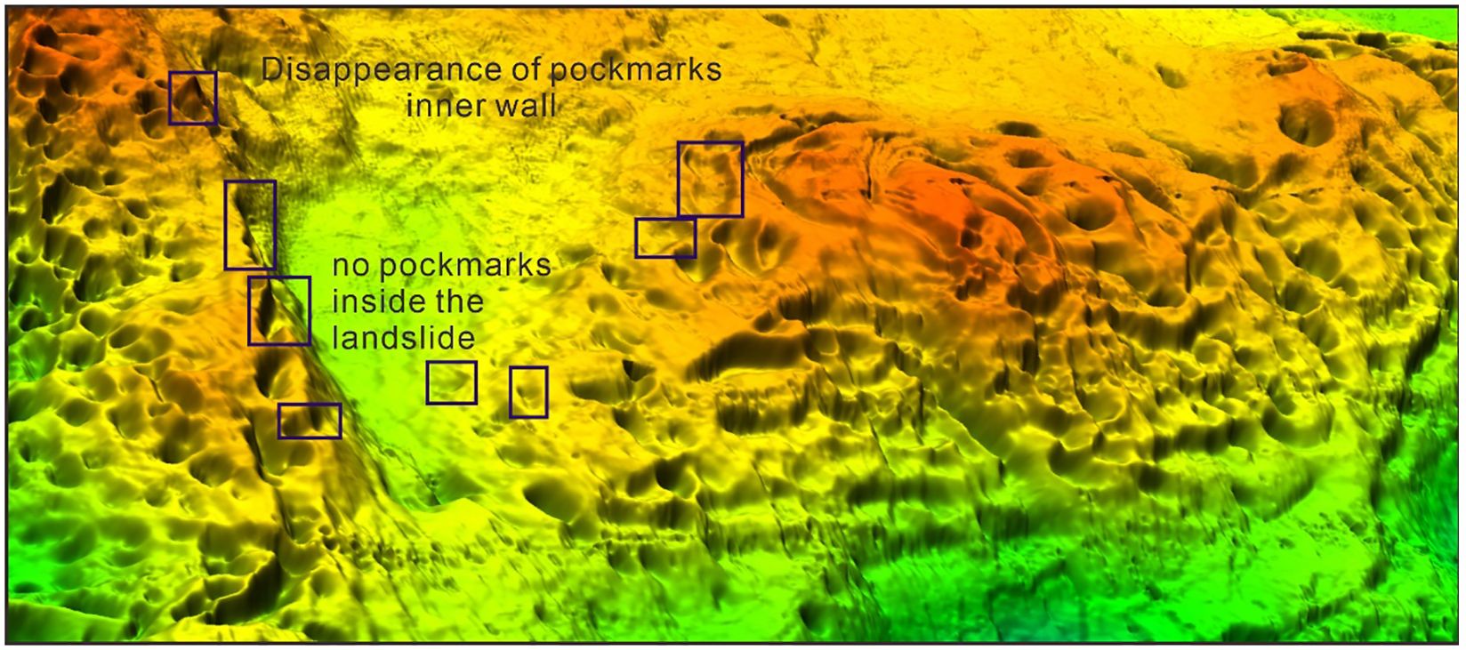 Topographic map showing an area with highlighted sections. Labels indicate “disappearance of pockmarks inner wall” and “no pockmarks inside the landslide”. The landscape is color-coded, with green areas shifting to orange, representing elevation changes. Rectangles highlight specific sections.