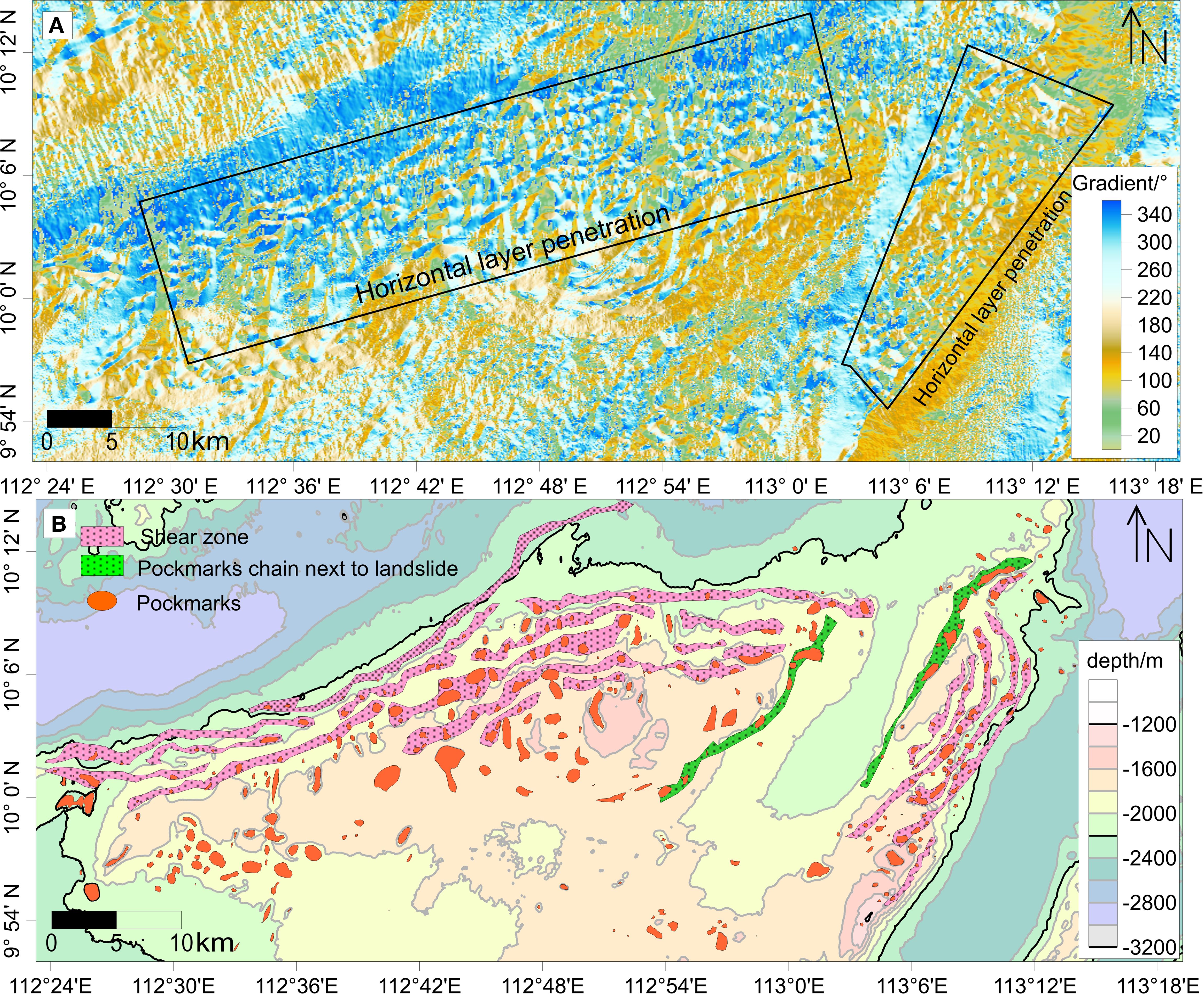 Top image shows a gradient color map with blue to orange tones indicating horizontal layer penetration areas, outlined by black rectangles. Bottom map is a geological chart with marked shear zones in pink, pockmark chains in green, and pockmarks in orange. Arrows indicate north orientation, with coordinates along the edges.