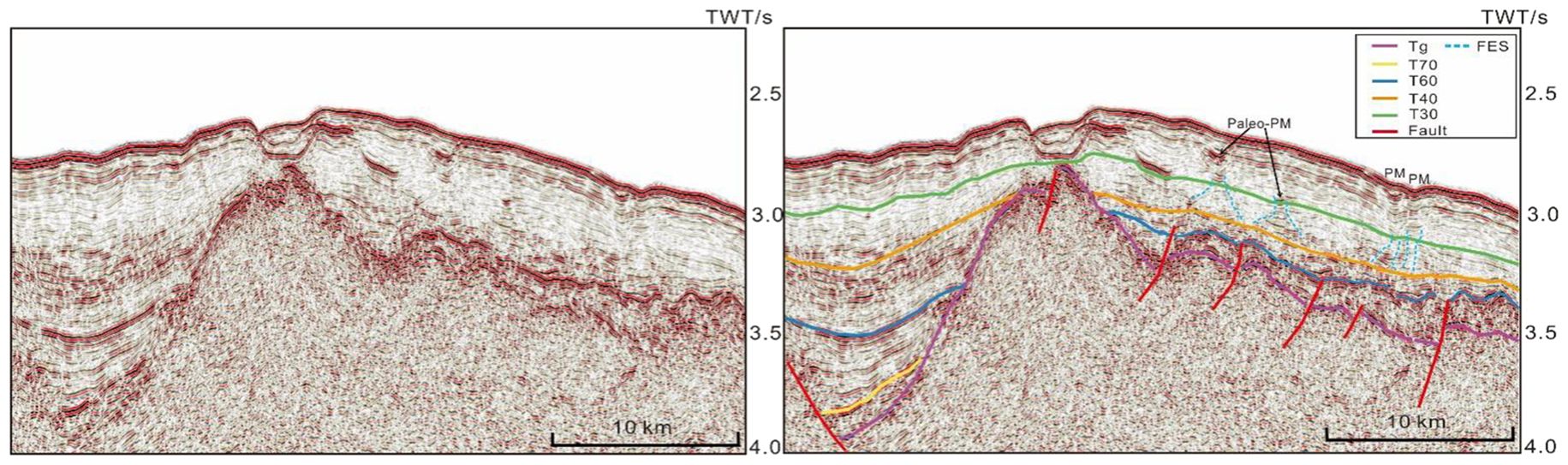 Seismic section showing subsurface geological layers with colored lines indicating various horizons: Tg (purple), T70 (yellow), T60 (green), T40 (orange), T30 (red), and FES (blue dashed) with fault lines in red. Depth is marked in TWT/s, and horizontal scale is indicated as 10 kilometers.