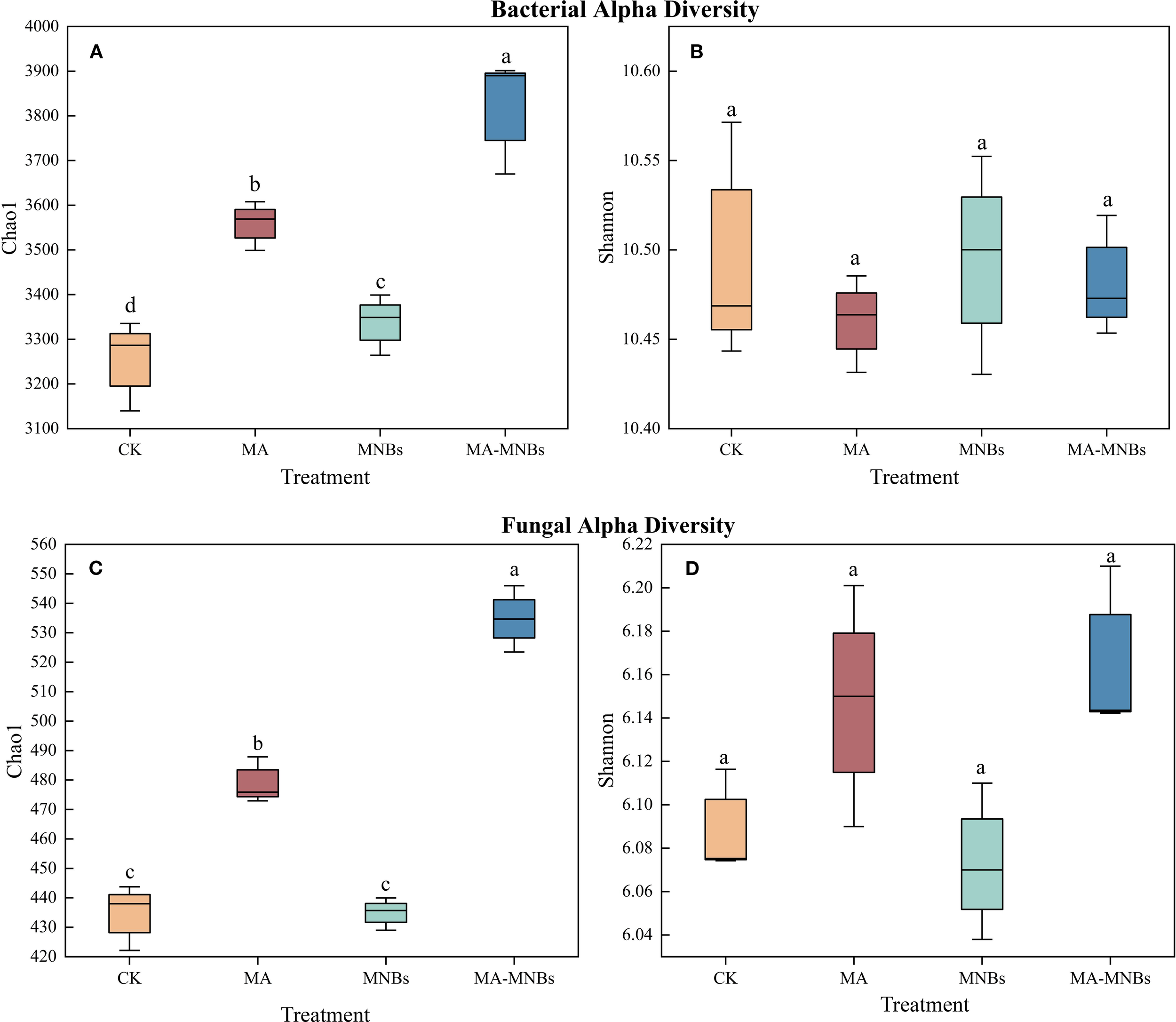 Box plots show bacterial and fungal alpha diversity under different treatments: CK, MA, MNBs, and MA-MNBs. Panels A and B represent the bacterial Chao1 and Shannon indices, highlighting CK and MA-MNBs as significant. Panels C and D depict fungal Chao1 and Shannon indices, emphasizing MA, MNBs, and MA-MNBs as significant. Different letters indicate significant differences.