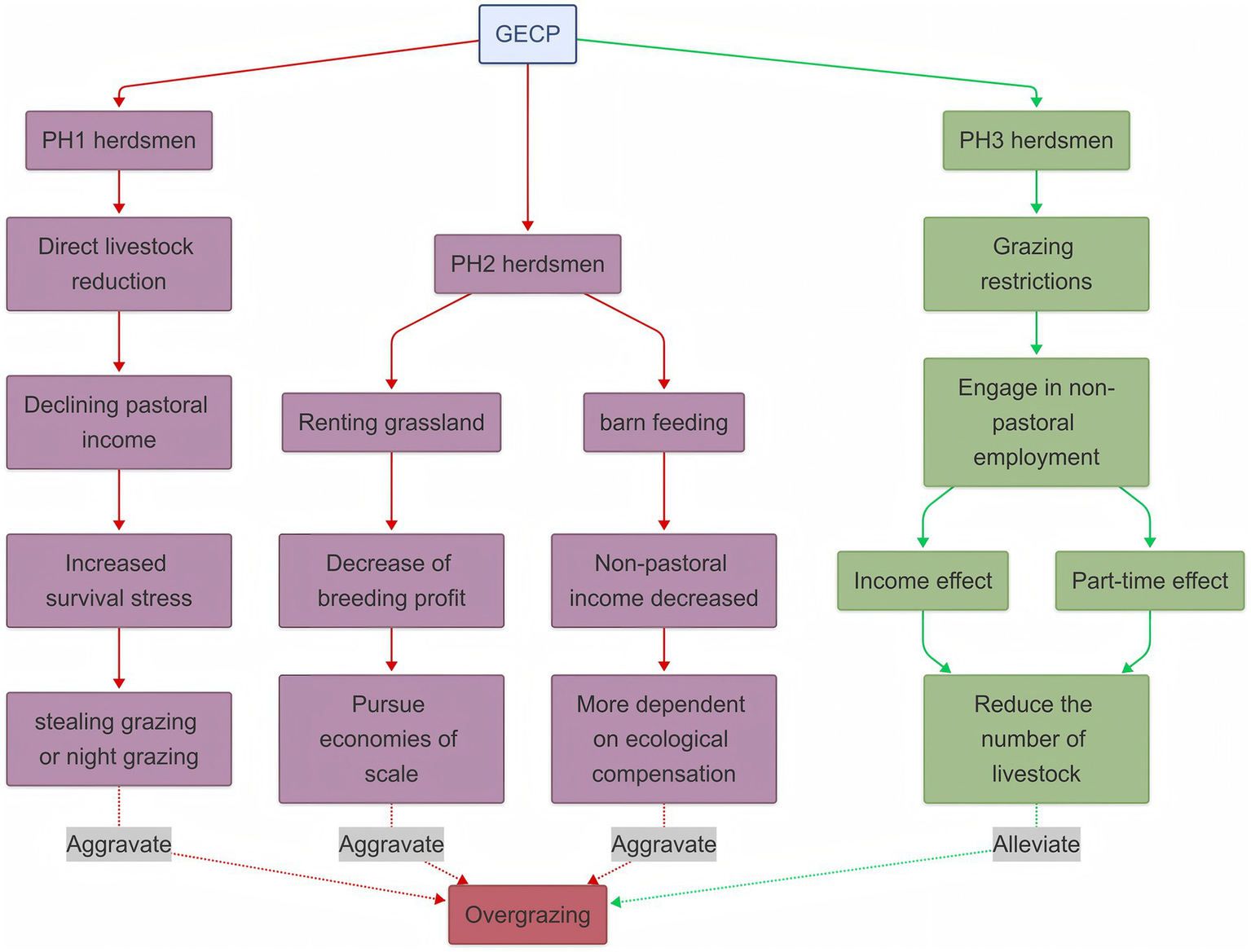 Flowchart illustrating the effects of different herdsmen responses to the GECP. PH1 herdsmen reduce livestock, leading to decreased income and increased stress, aggravating overgrazing. PH2 herdsmen rent grassland or use barn feeding, decreasing profits and reliance on ecological compensation, also aggravating overgrazing. PH3 herdsmen face grazing restrictions, engage in non-pastoral employment, and reduce livestock, which alleviates overgrazing.