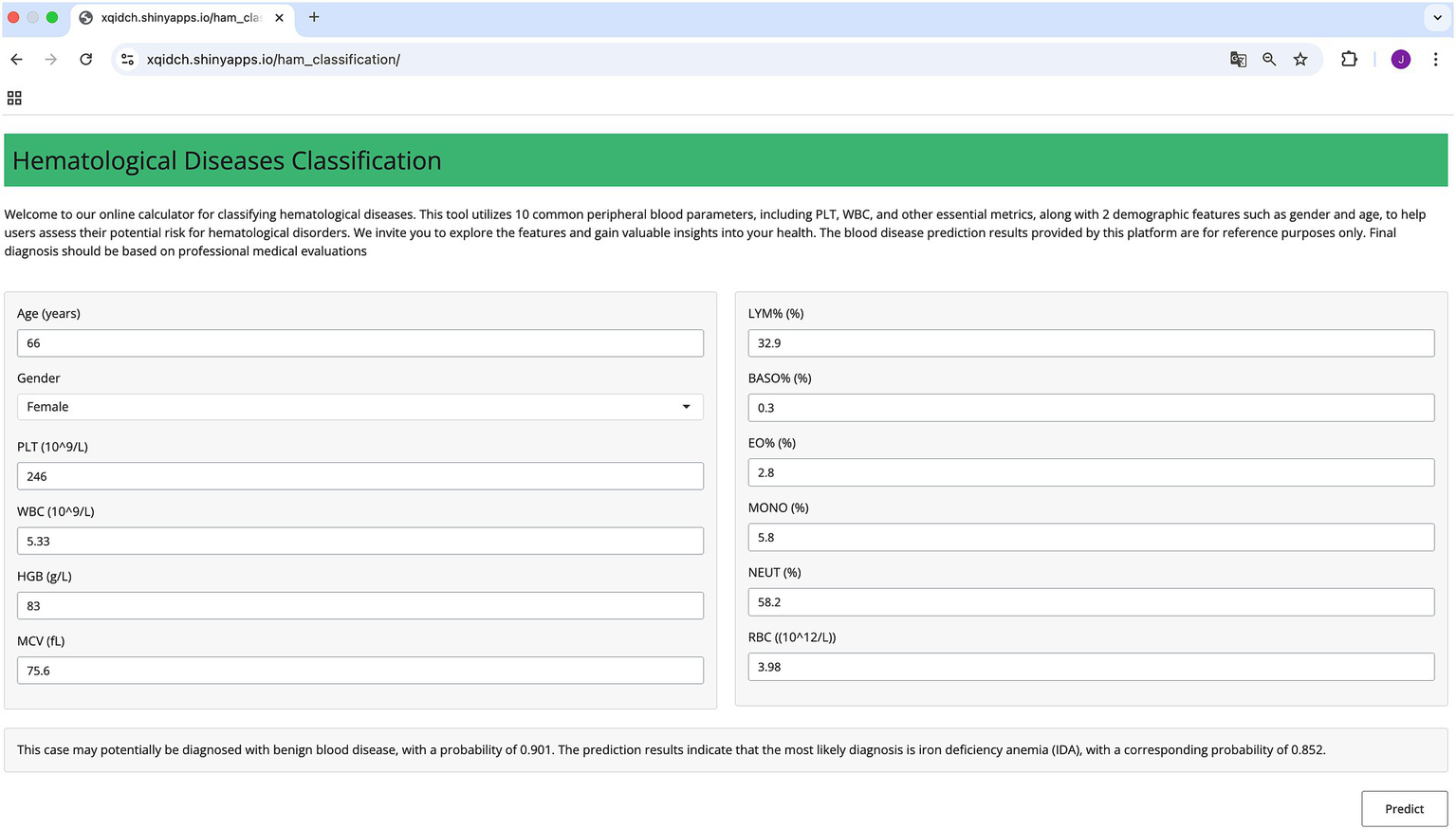 Online form titled "Hematological Diseases Classification" shows input fields for age, gender, and various blood parameters like PLT, WBC, HGB, and others. It provides a diagnosis prediction indicating a potential benign blood disease with a probability of 0.901, suggesting iron deficiency anemia with a probability of 0.852. A "Predict".