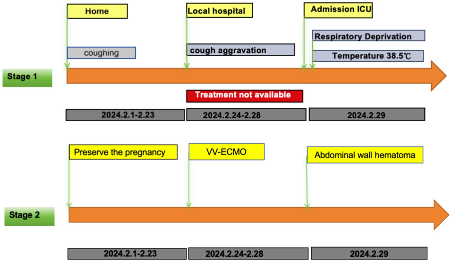 Flowchart depicting patient stages. Stage 1 involves a progression from home with coughing, to a local hospital with cough aggravation, and ICU admission with respiratory deprivation and a temperature of thirty-eight point five degrees Celsius. Treatment not available between February twenty-four and twenty-eight, two thousand and twenty-four. Stage 2 includes preserving the pregnancy, VV-ECMO, and occurrence of abdominal wall hematoma from February first to twenty-ninth, two thousand and twenty-four.