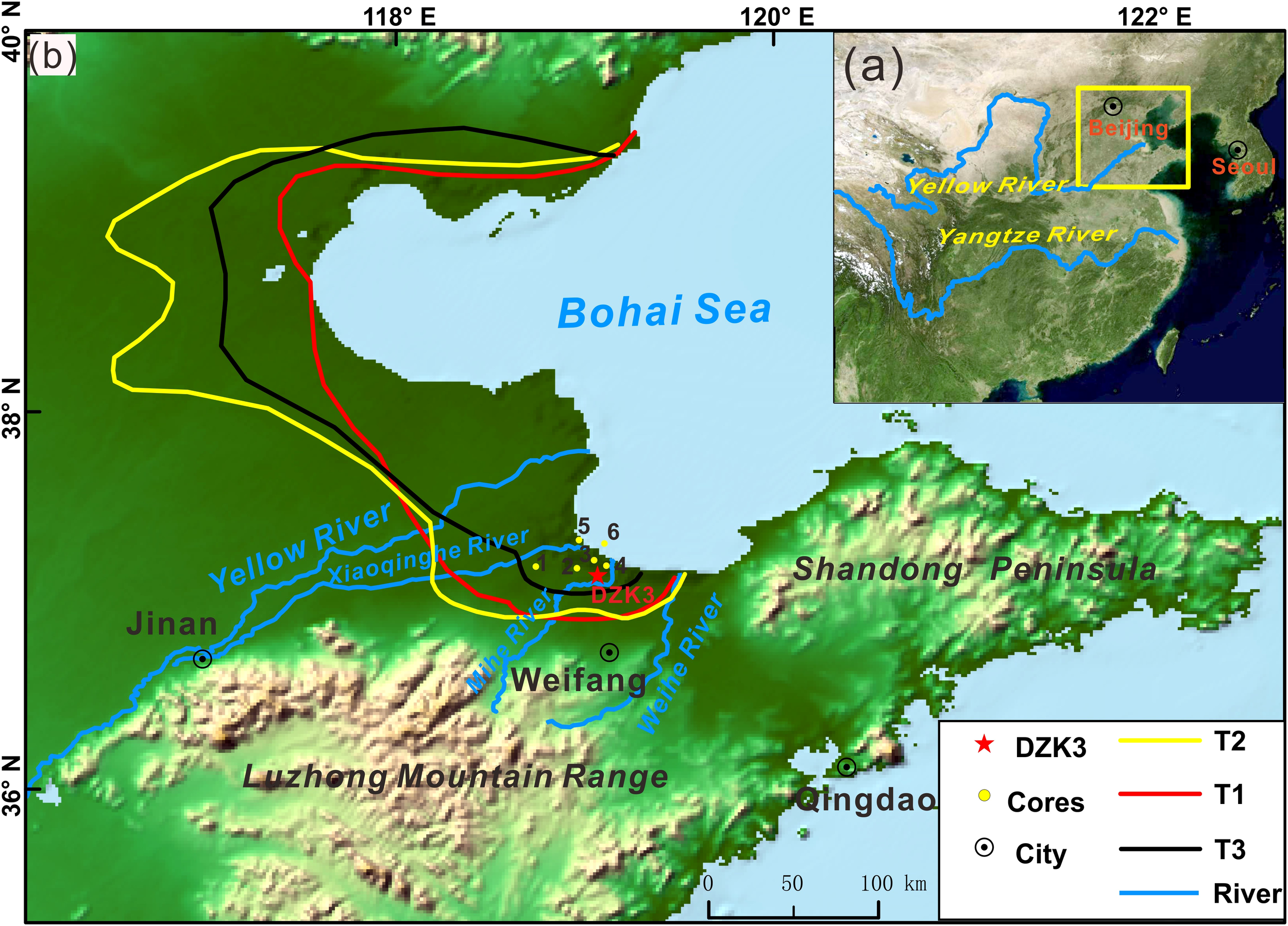 Map depicting the Bohai Sea region, showing geographical features such as the Yellow River, Xiaoqinghe River, and the Weihe River. The map includes cities like Jinan, Weifang, and Qingdao on the Shandong Peninsula. Various routes labeled T1, T2, and T3 are marked in different colors. An inset map indicates the broader location with respect to Beijing and Seoul. The location labeled DZK3 is marked with a red star.