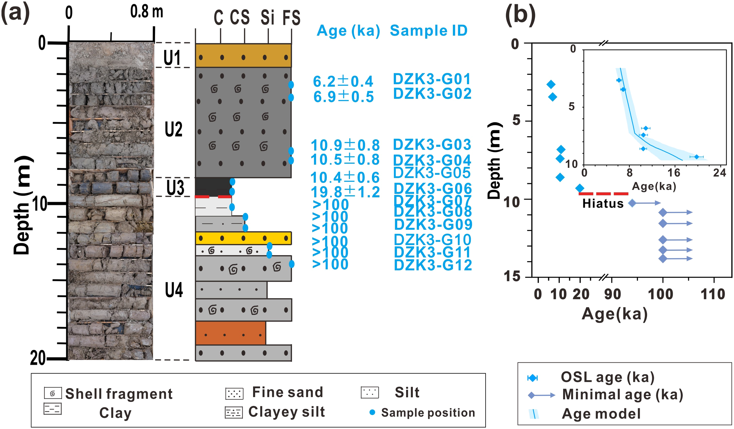 Sediment stratigraphy and age model chart. (a) Sediment profile showing depth to 20 meters with shell fragments, clay, silt, fine sand, and clayey silt. Layers U1 to U4 are marked with blue sample positions and respective ages in kiloannum (ka) with sample IDs. (b) Age-depth model displaying age in kiloannum from 0 to over 100 against depth, indicating OSL age, minimal age, and an age model curve with a hiatus noted. An inset graph highlights ages from 0 to 24 ka at depths of 5 to 10 meters. Legend explains materials and symbols.