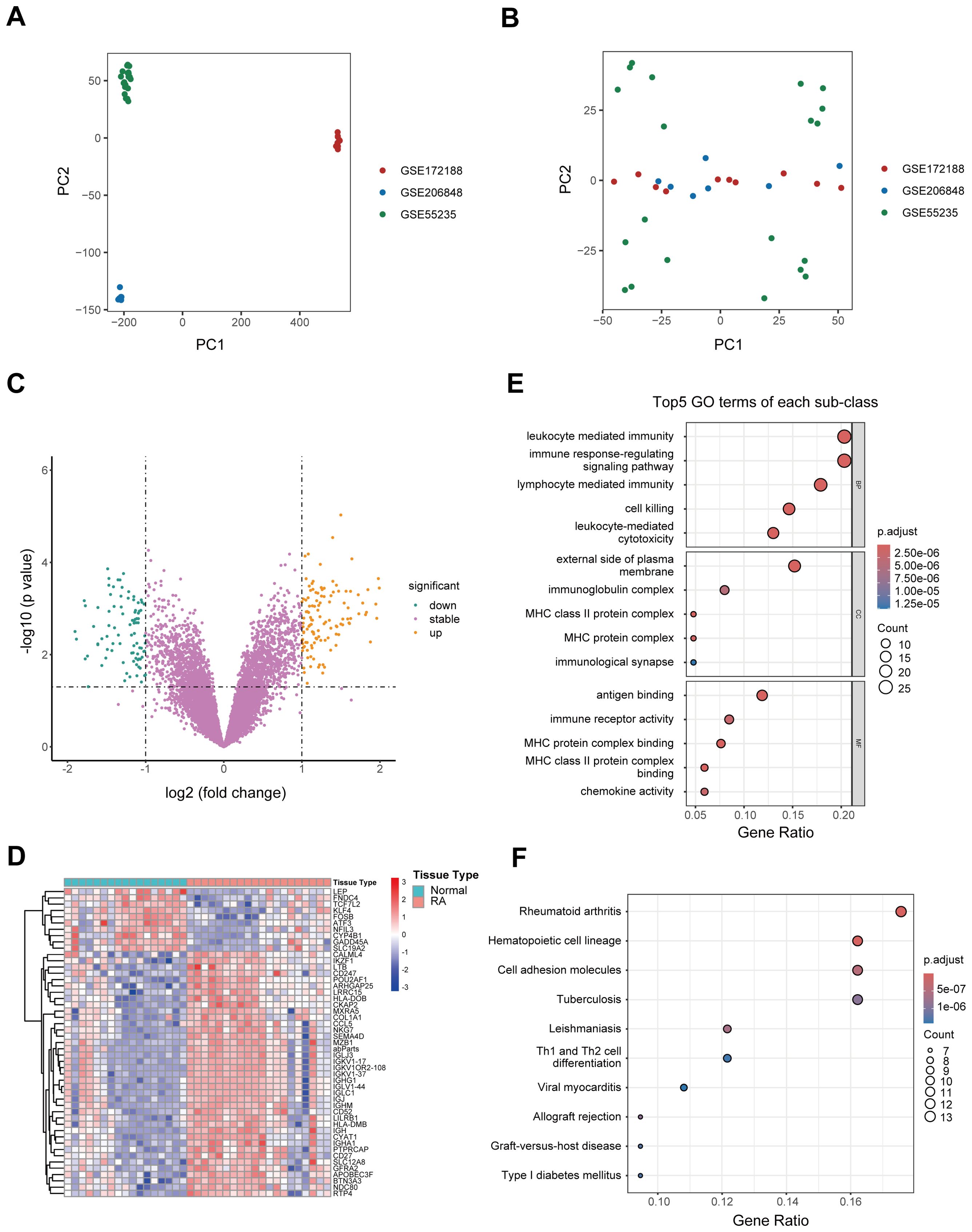 Panel A shows a PCA plot with three colored clusters representing data sets GSE172188, GSE206848, and GSE55235. Panel B displays a PCA plot with overlapping data points from the same data sets. Panel C is a volcano plot illustrating gene expression changes, with colors indicating significance. Panel D presents a heatmap of gene expression across tissue types, normal and rheumatoid arthritis, with a color gradient. Panel E is a dot plot of the top five GO terms for sub-classes, with dot size representing count and color indicating p-value. Panel F is a dot plot of diseases with gene ratio and p-values depicted.