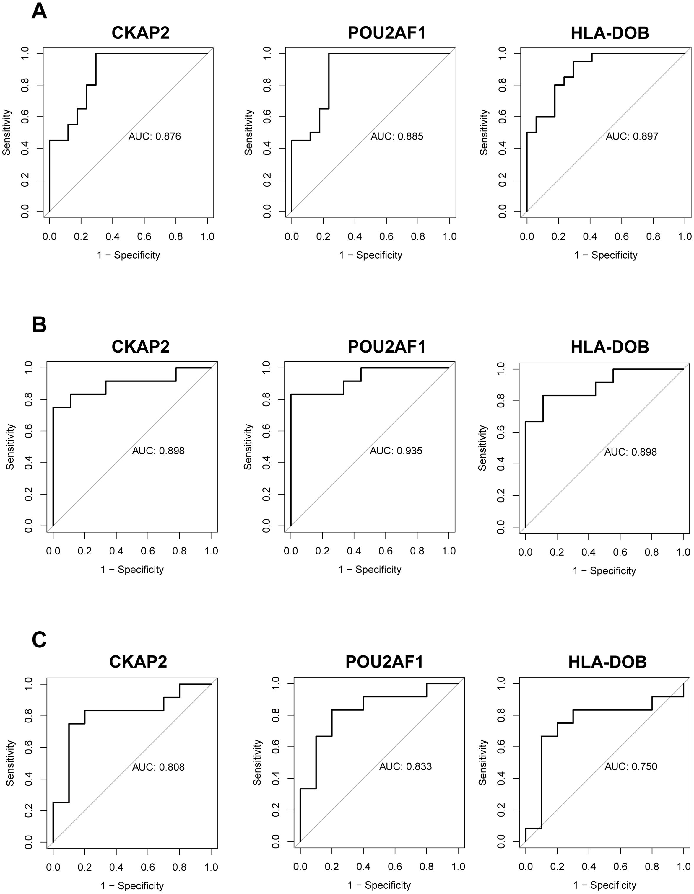 Three sets of ROC curve graphs labeled A, B, and C, each showing the performance of CKAP2, POU2AF1, and HLA-DOB. Each graph plots sensitivity versus 1-specificity, with a diagonal reference line. The AUC values for CKAP2 are 0.876, 0.898, and 0.808 for A, B, and C, respectively; for POU2AF1 are 0.885, 0.935, and 0.833; and for HLA-DOB are 0.897, 0.898, and 0.750.